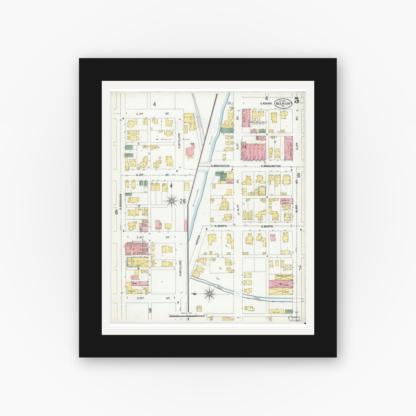 Old map wall art mockup — black gallery frame with white mat — Sanborn Fire Insurance Map from Marion, Grant County, Indiana (1901), Sheet #0005