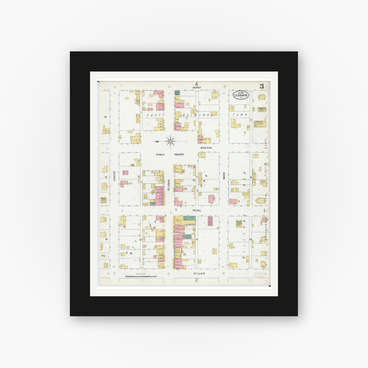 Old map wall art mockup — black gallery frame with white mat — Sanborn Fire Insurance Map from Lebanon, Saint Clair County, Illinois (1899), Sheet #0003