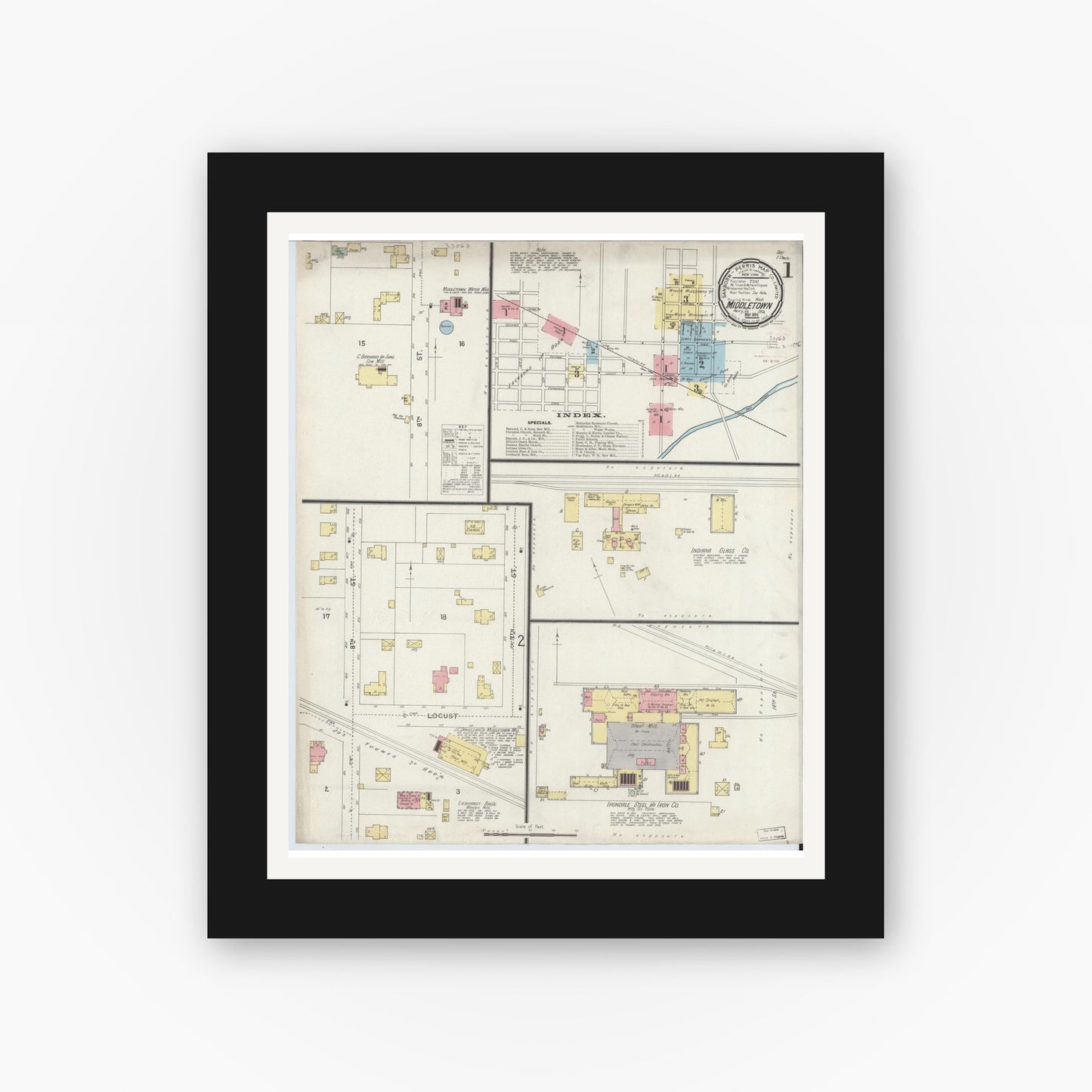 Old map wall art mockup — black gallery frame with white mat — Sanborn Fire Insurance Map from Middletown, Henry County, Indiana (1896), Sheet #0001