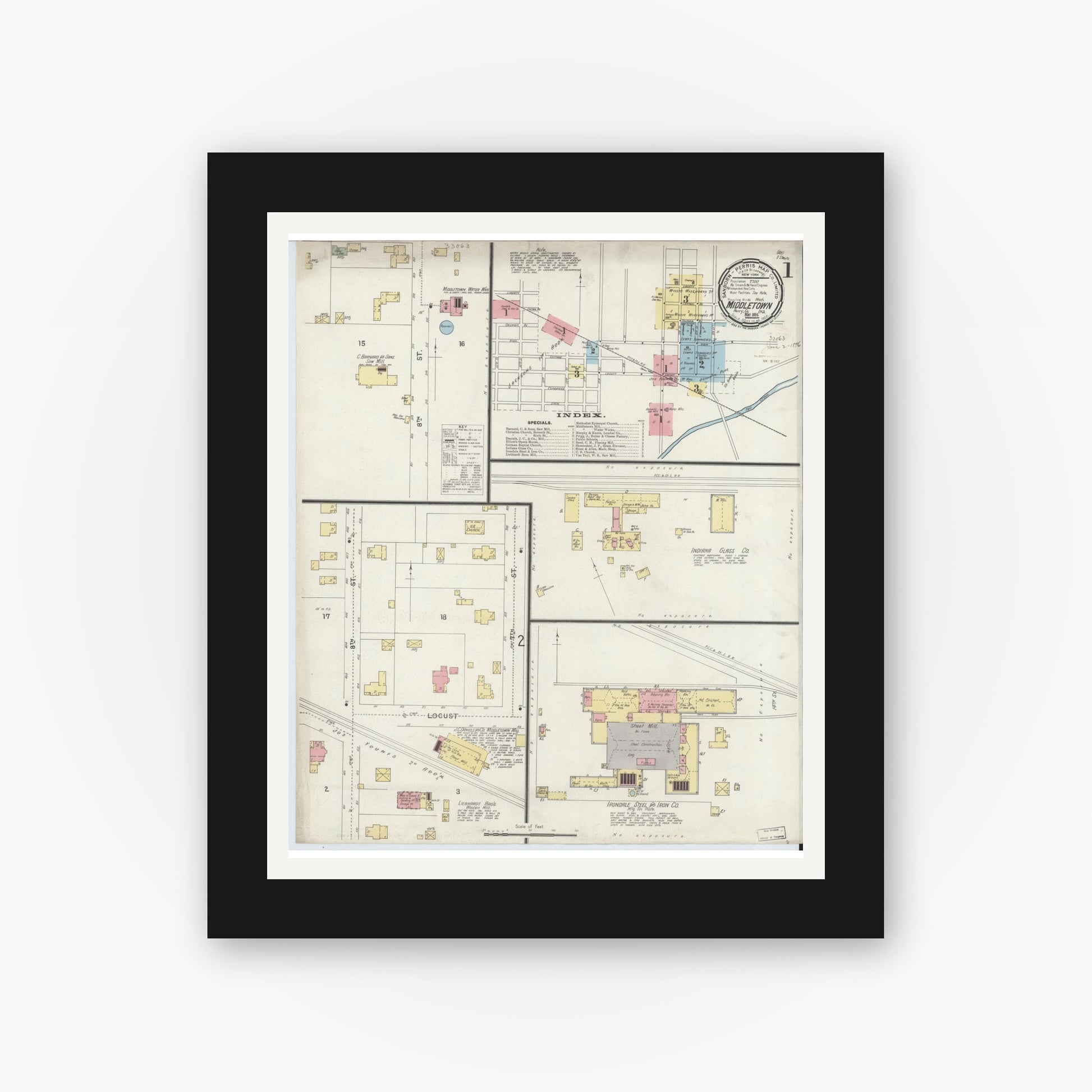 Old map wall art mockup — black gallery frame with white mat — Sanborn Fire Insurance Map from Middletown, Henry County, Indiana (1896), Sheet #0001