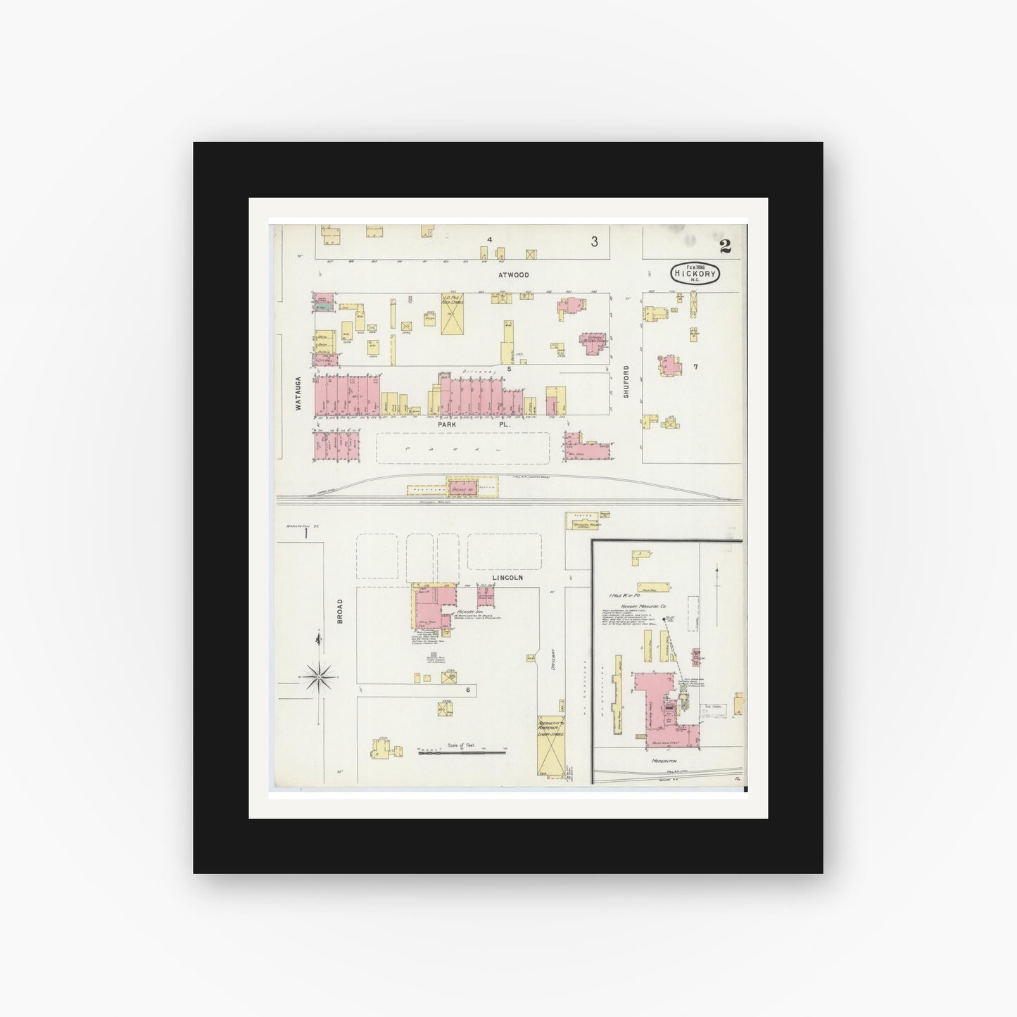 Old map wall art mockup — black gallery frame with white mat — Sanborn Fire Insurance Map from Hickory, Catawba County, North Carolina (1896), Sheet #0002