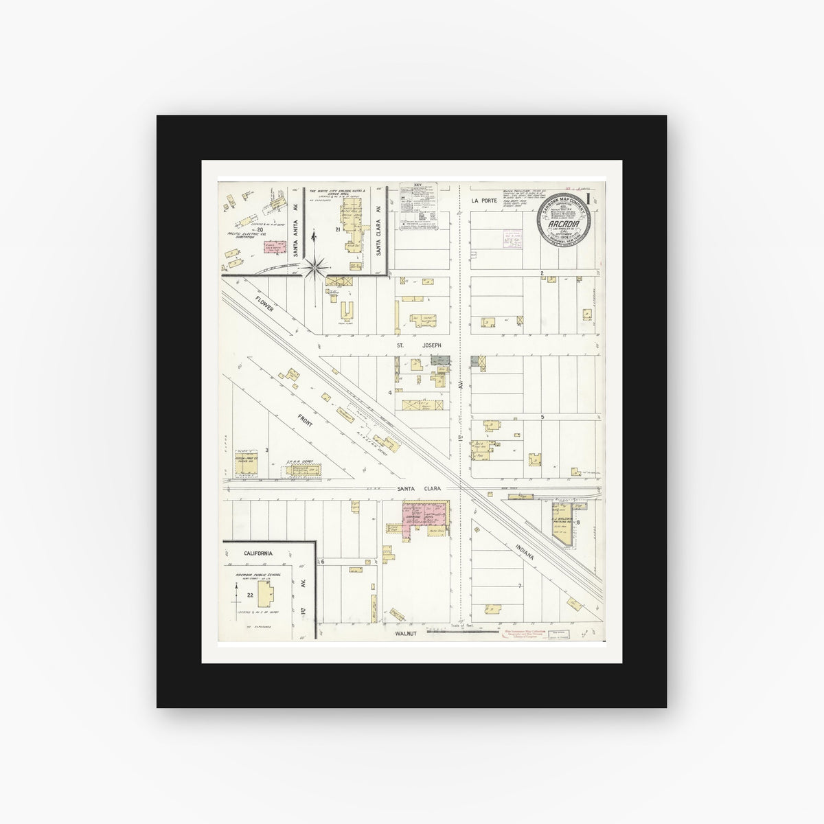 Old map wall art mockup — black gallery frame with white mat — Sanborn Fire Insurance Map from Arcadia, Los Angeles County, California (1908), Sheet #0001