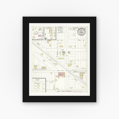 Old map wall art mockup — black gallery frame with white mat — Sanborn Fire Insurance Map from Arcadia, Los Angeles County, California (1908), Sheet #0001