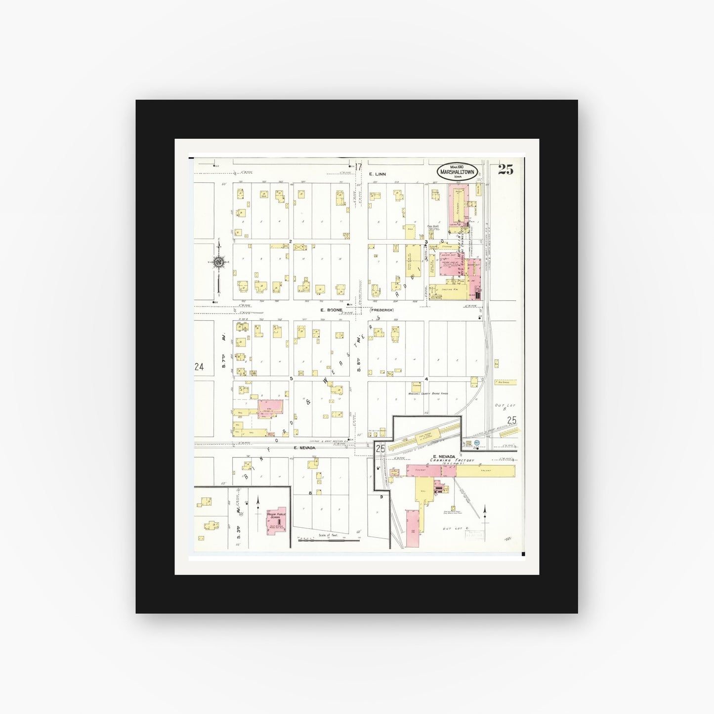 Old map wall art mockup — black gallery frame with white mat — Sanborn Fire Insurance Map from Marshalltown, Marshall County, Iowa (1910), Sheet #0025
