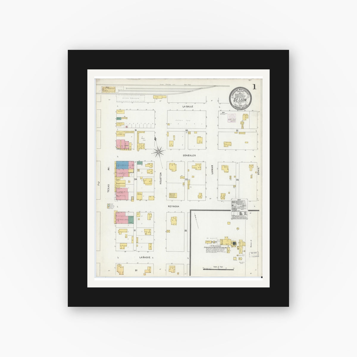 Old map wall art mockup — black gallery frame with white mat — Sanborn Fire Insurance Map from De Leon, Comanche County, Texas (1905) - Complete Map Set