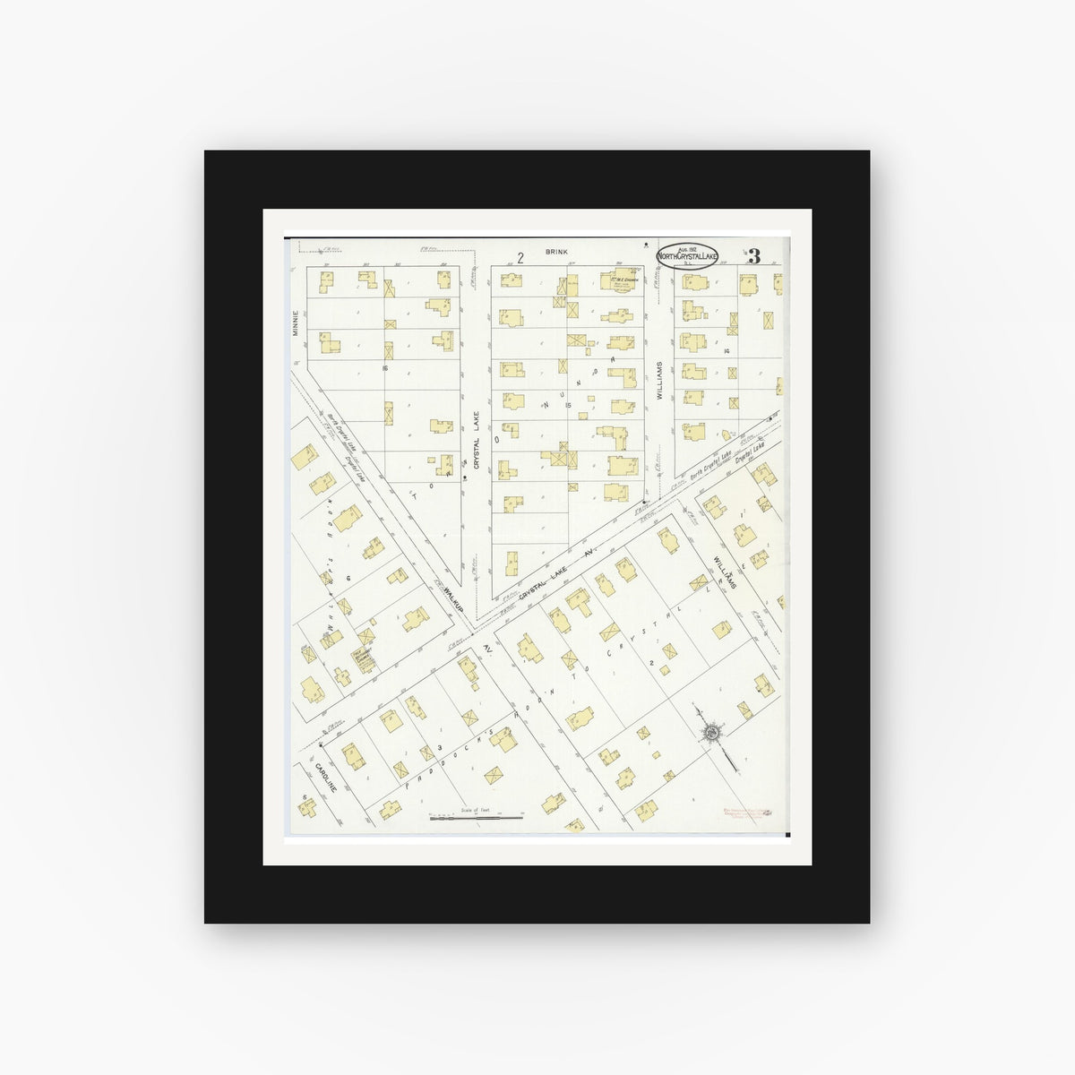 Old map wall art mockup — black gallery frame with white mat — Sanborn Fire Insurance Map from North Crystal Lake, McHenry County, Illinois (1912), Sheet #0003