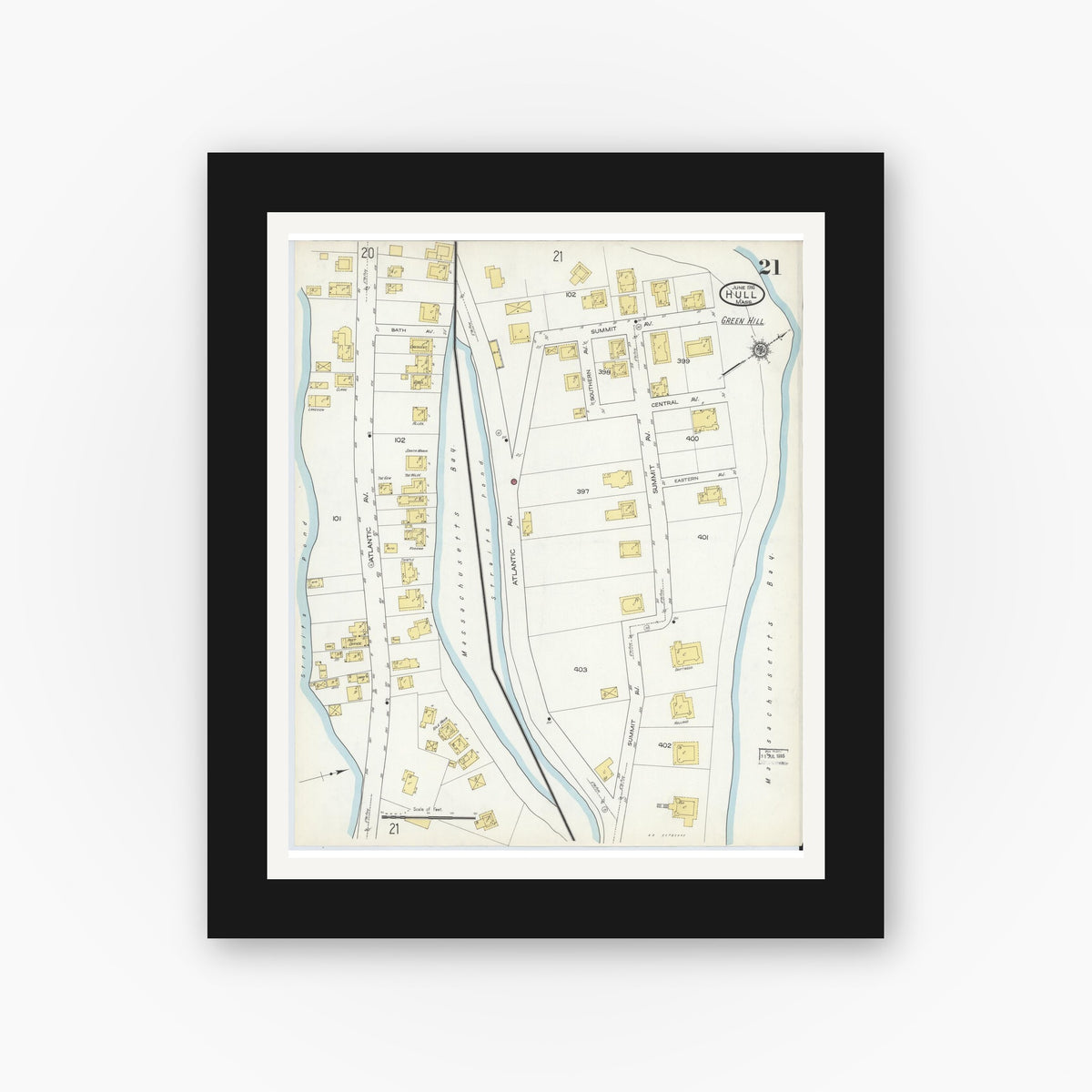 Old map wall art mockup — black gallery frame with white mat — Sanborn Fire Insurance Map from Hull, Plymouth County, Massachusetts (1916), Sheet #0021