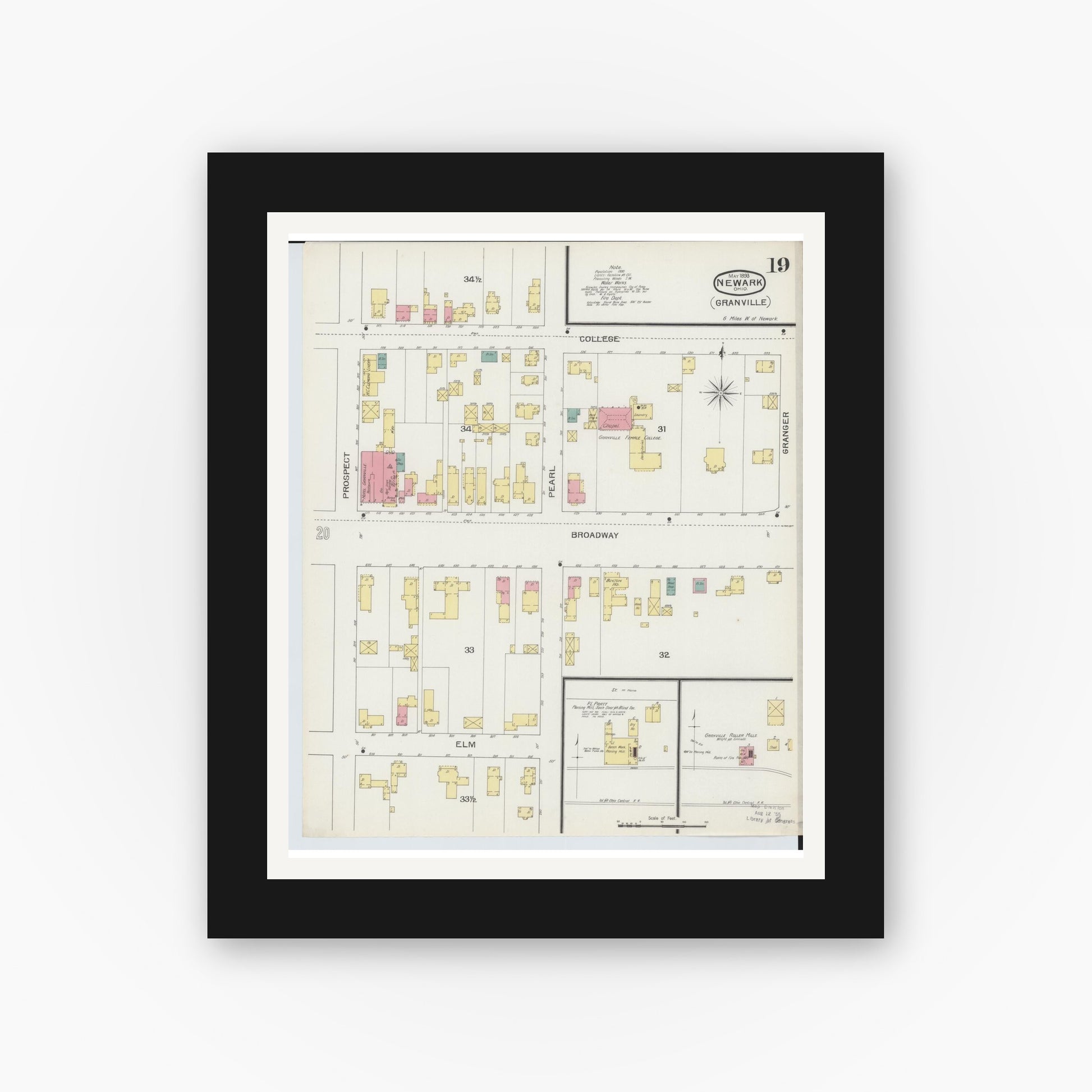 Old map wall art mockup — black gallery frame with white mat — Sanborn Fire Insurance Map from Newark, Licking County, Ohio (1893), Sheet #0019