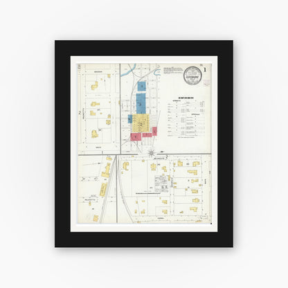 Old map wall art mockup — black gallery frame with white mat — Sanborn Fire Insurance Map from Leesburg, Lake County, Florida (1906), Sheet #0001