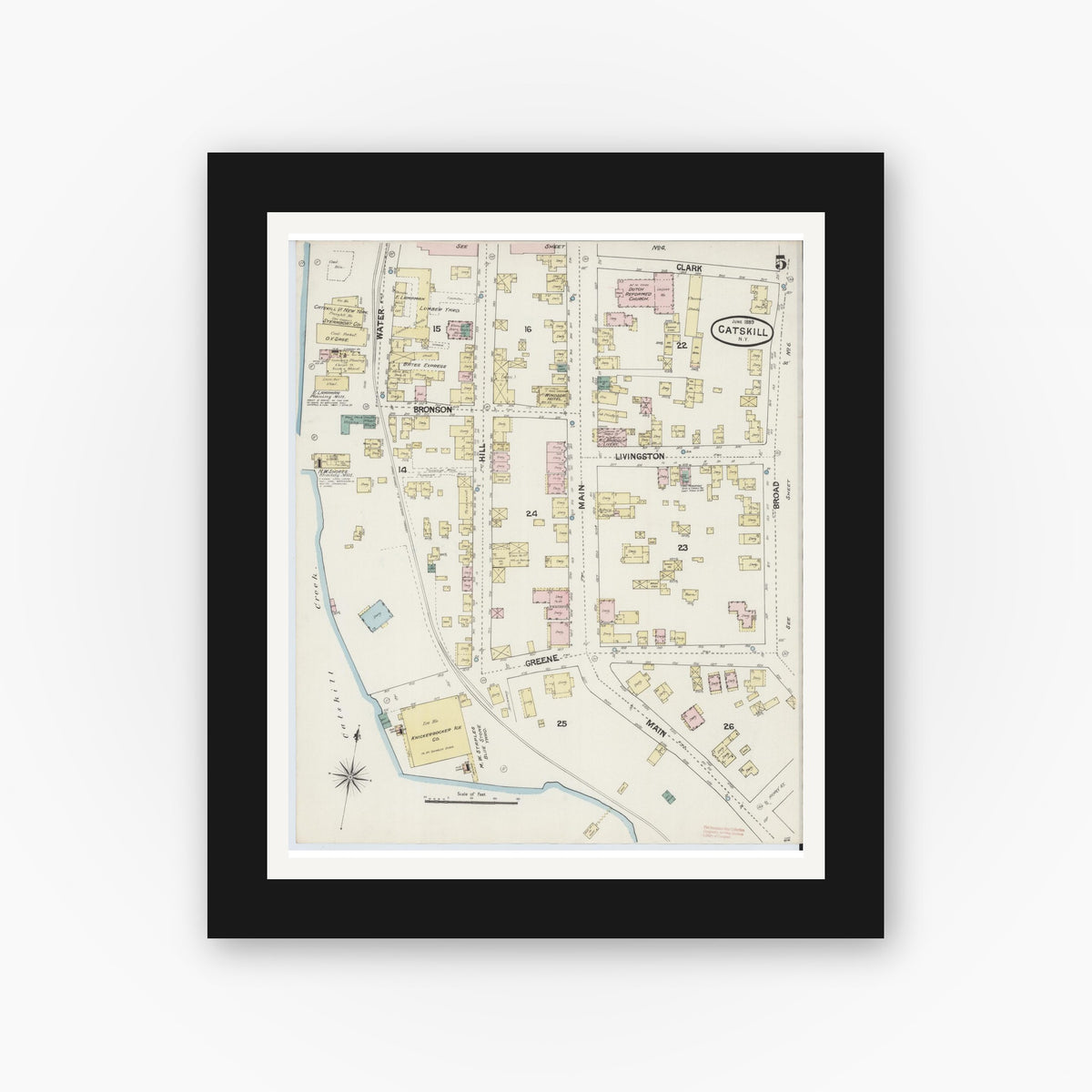 Old map wall art mockup — black gallery frame with white mat — Sanborn Fire Insurance Map from Catskill, Greene County, New York (1889), Sheet #0005