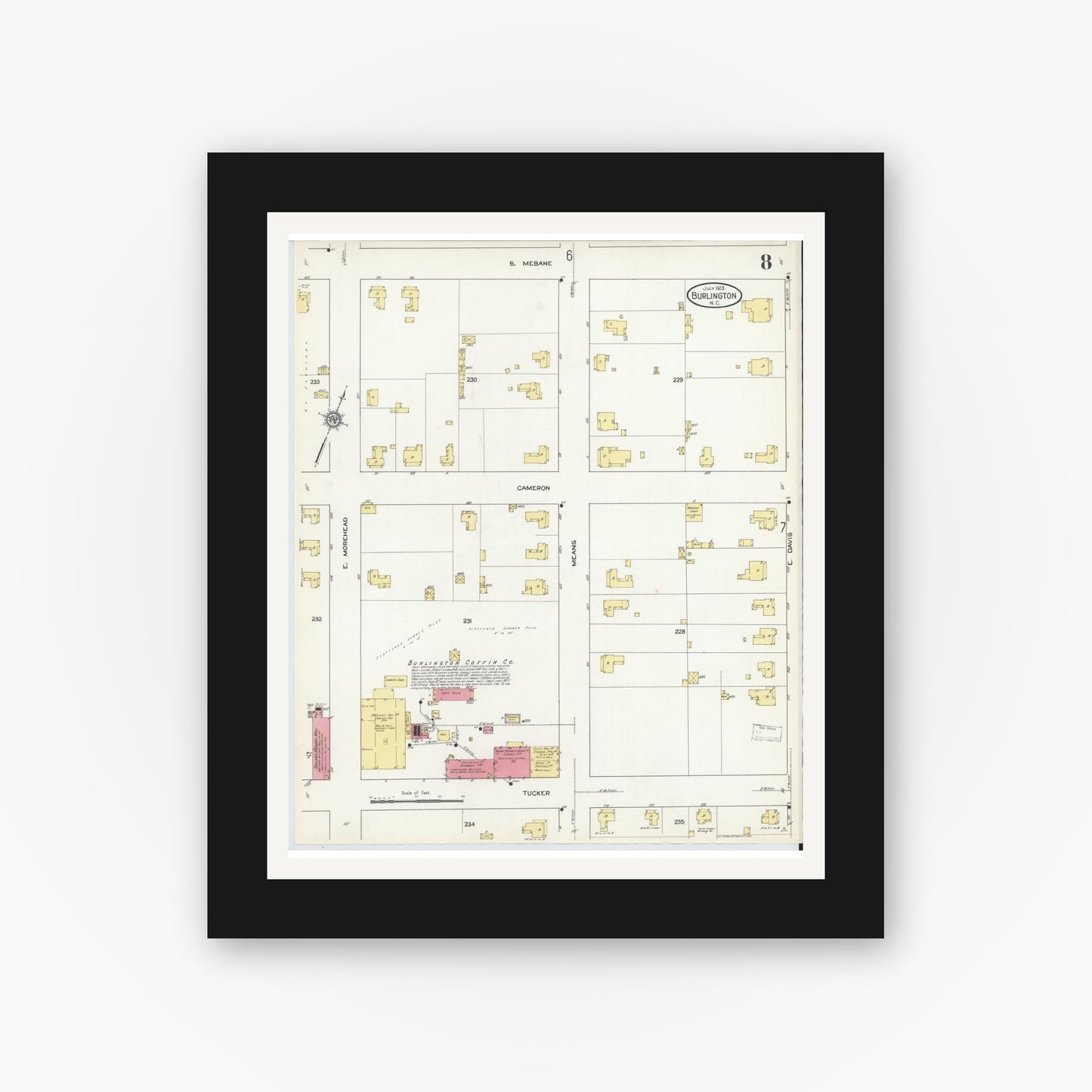 Old map wall art mockup — black gallery frame with white mat — Sanborn Fire Insurance Map from Burlington, Alamance County, North Carolina (1913), Sheet #0008