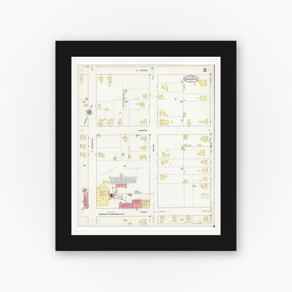 Old map wall art mockup — black gallery frame with white mat — Sanborn Fire Insurance Map from Burlington, Alamance County, North Carolina (1913), Sheet #0008