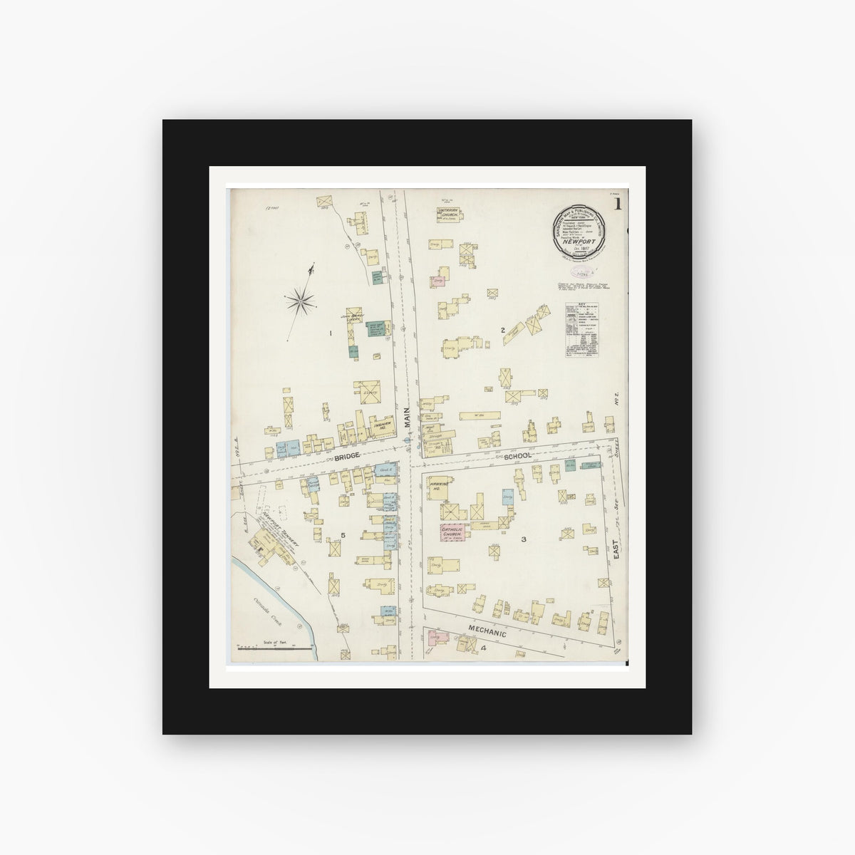 Old map wall art mockup — black gallery frame with white mat — Sanborn Fire Insurance Map from Newport, Herkimer County, New York (1887) - Complete Map Set