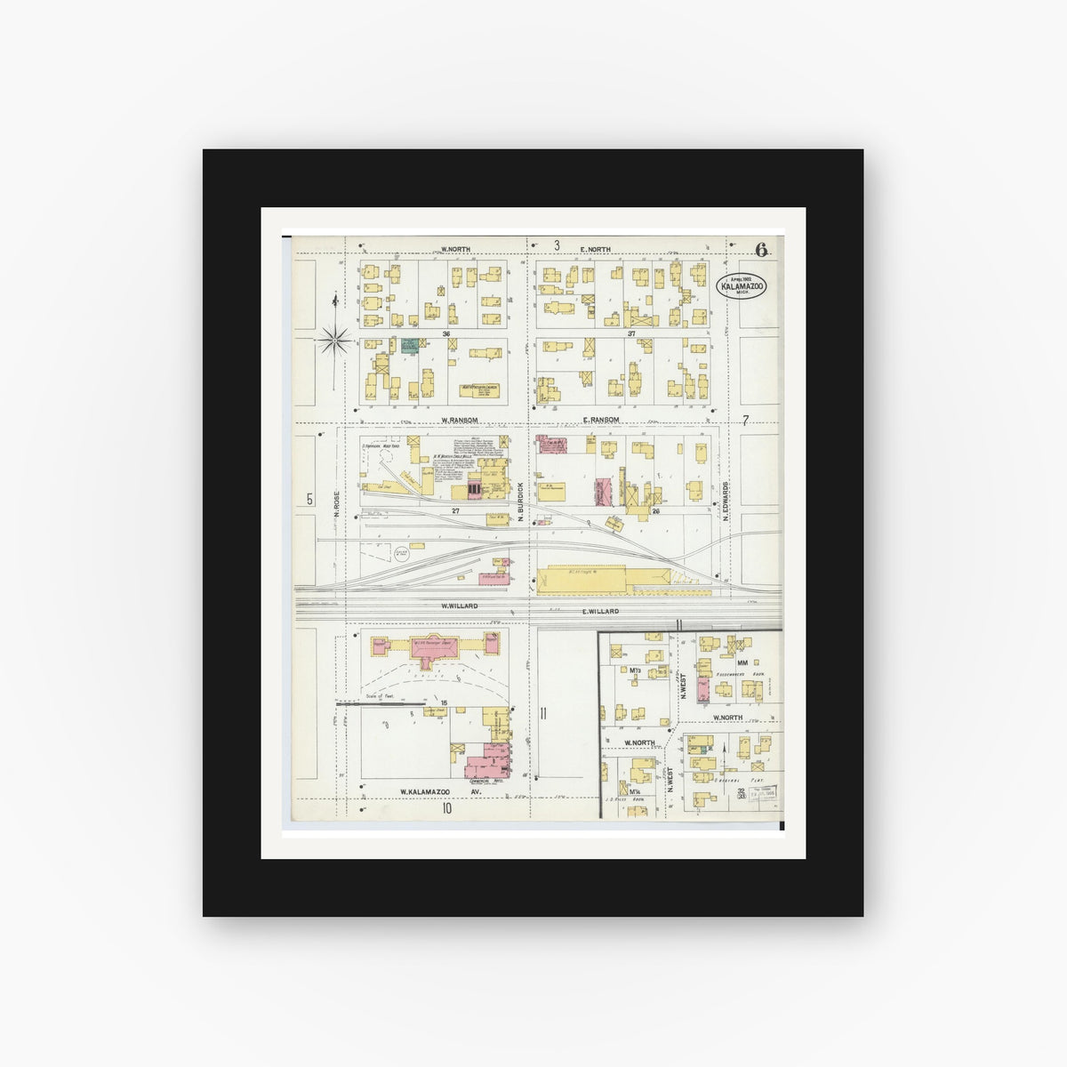 Old map wall art mockup — black gallery frame with white mat — Sanborn Fire Insurance Map from Kalamazoo, Kalamazoo County, Michigan (1902), Sheet #0006