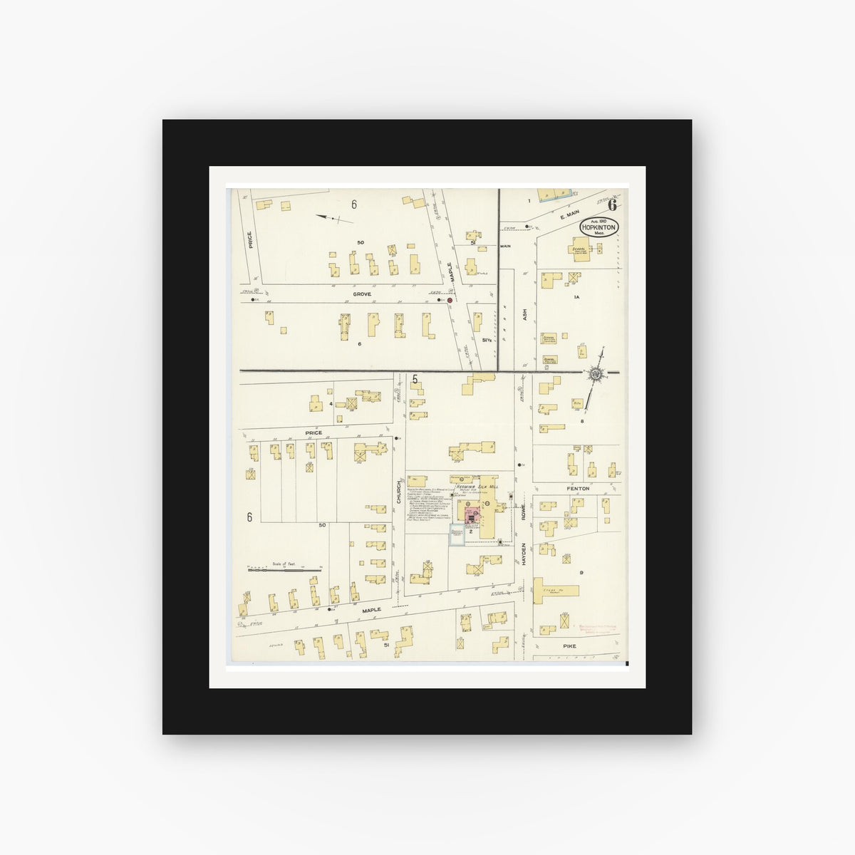 Old map wall art mockup — black gallery frame with white mat — Sanborn Fire Insurance Map from Hopkinton, Middlesex County, Massachusetts (1910), Sheet #0006