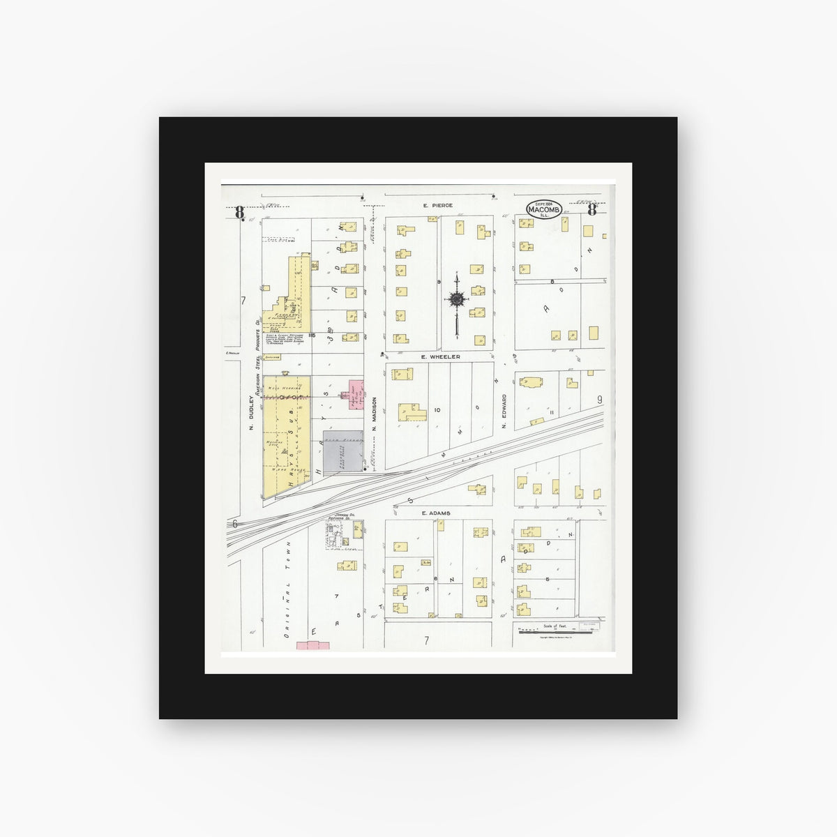 Old map wall art mockup — black gallery frame with white mat — Sanborn Fire Insurance Map from Macomb, Mcdonough County, Illinois (1924), Sheet #0008