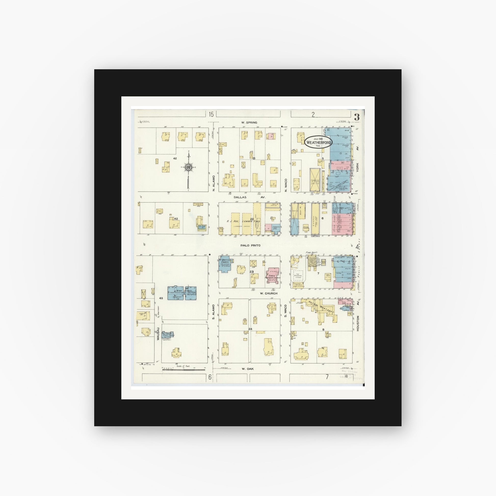 Old map wall art mockup — black gallery frame with white mat — Sanborn Fire Insurance Map from Weatherford, Parker County, Texas (1910), Sheet #0003