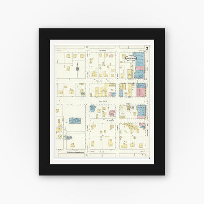 Old map wall art mockup — black gallery frame with white mat — Sanborn Fire Insurance Map from Weatherford, Parker County, Texas (1910), Sheet #0003