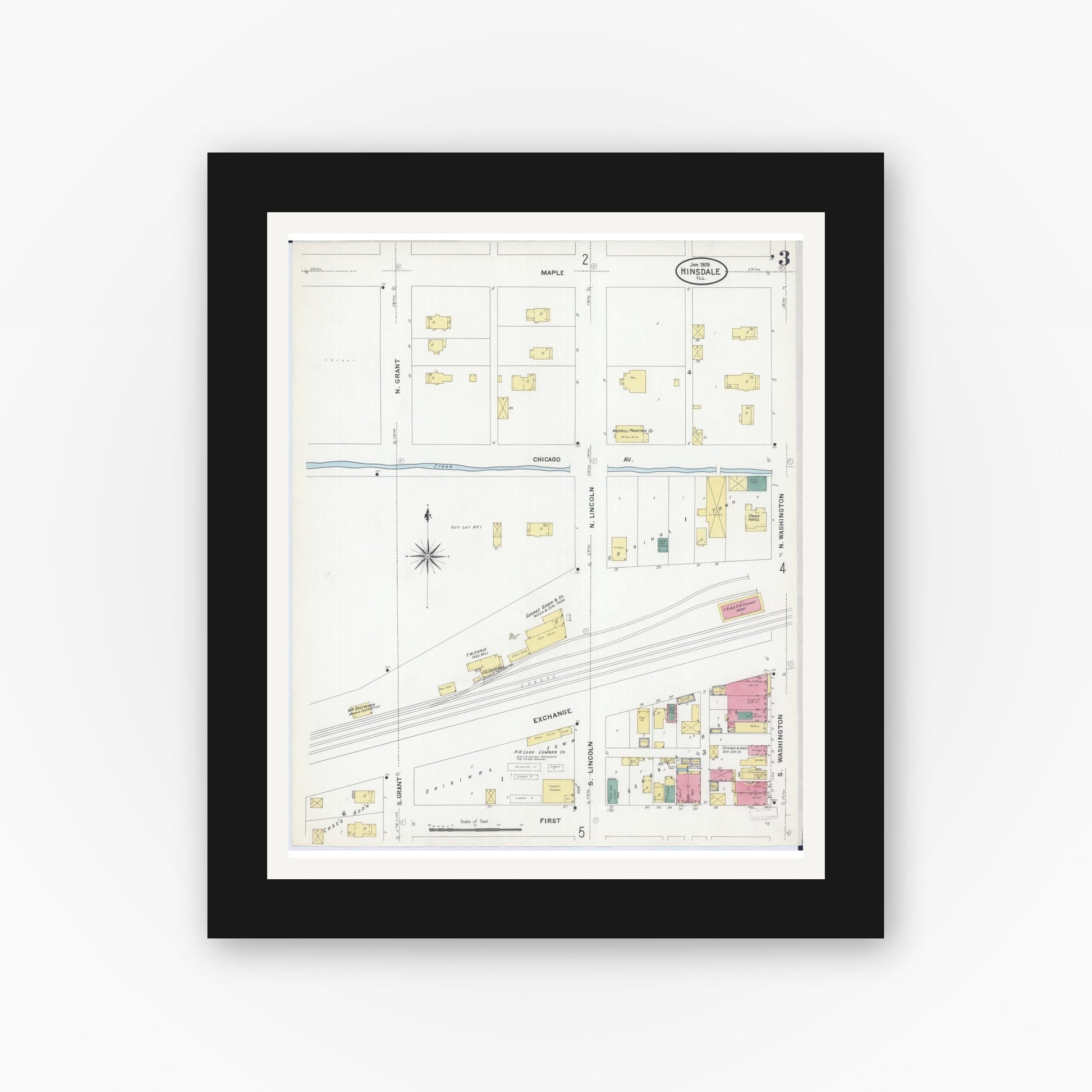 Old map wall art mockup — black gallery frame with white mat — Sanborn Fire Insurance Map from Hinsdale, Du Page And Cook Counties, Illinois (1909), Sheet #0003