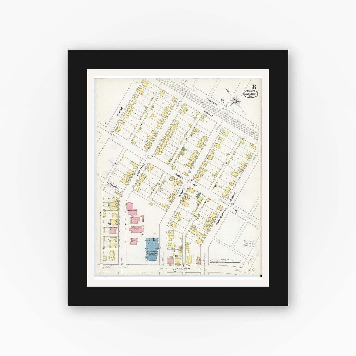 Old map wall art mockup — black gallery frame with white mat — Sanborn Fire Insurance Map from Latrobe, Westmoreland County, Pennsylvania (1909), Sheet #0008