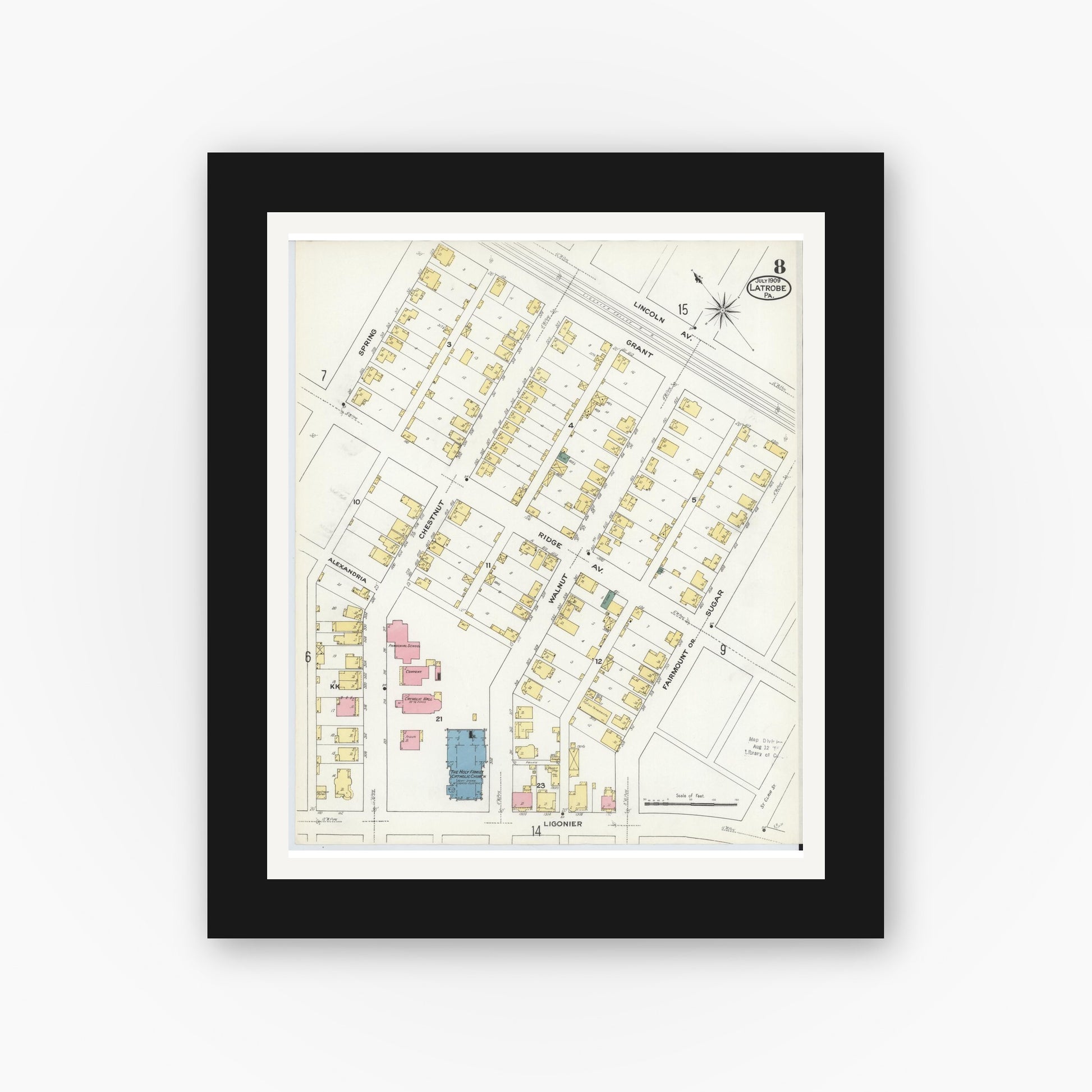 Old map wall art mockup — black gallery frame with white mat — Sanborn Fire Insurance Map from Latrobe, Westmoreland County, Pennsylvania (1909), Sheet #0008