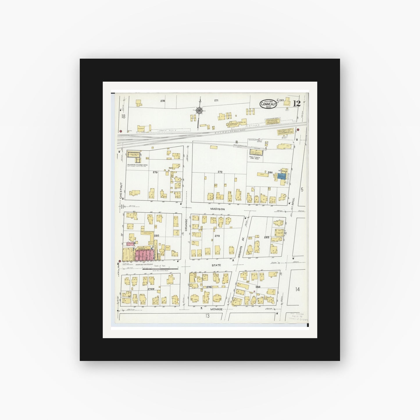 Old map wall art mockup — black gallery frame with white mat — Sanborn Fire Insurance Map from Conneaut, Ashtabula County, Ohio (1919), Sheet #0012