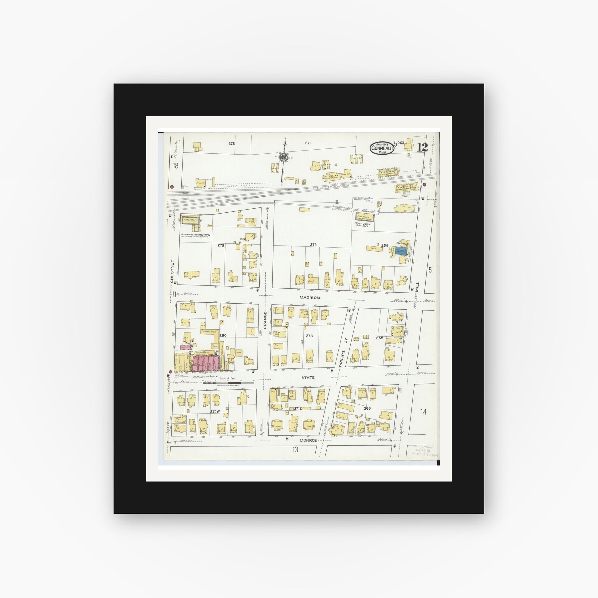 Old map wall art mockup — black gallery frame with white mat — Sanborn Fire Insurance Map from Conneaut, Ashtabula County, Ohio (1919), Sheet #0012