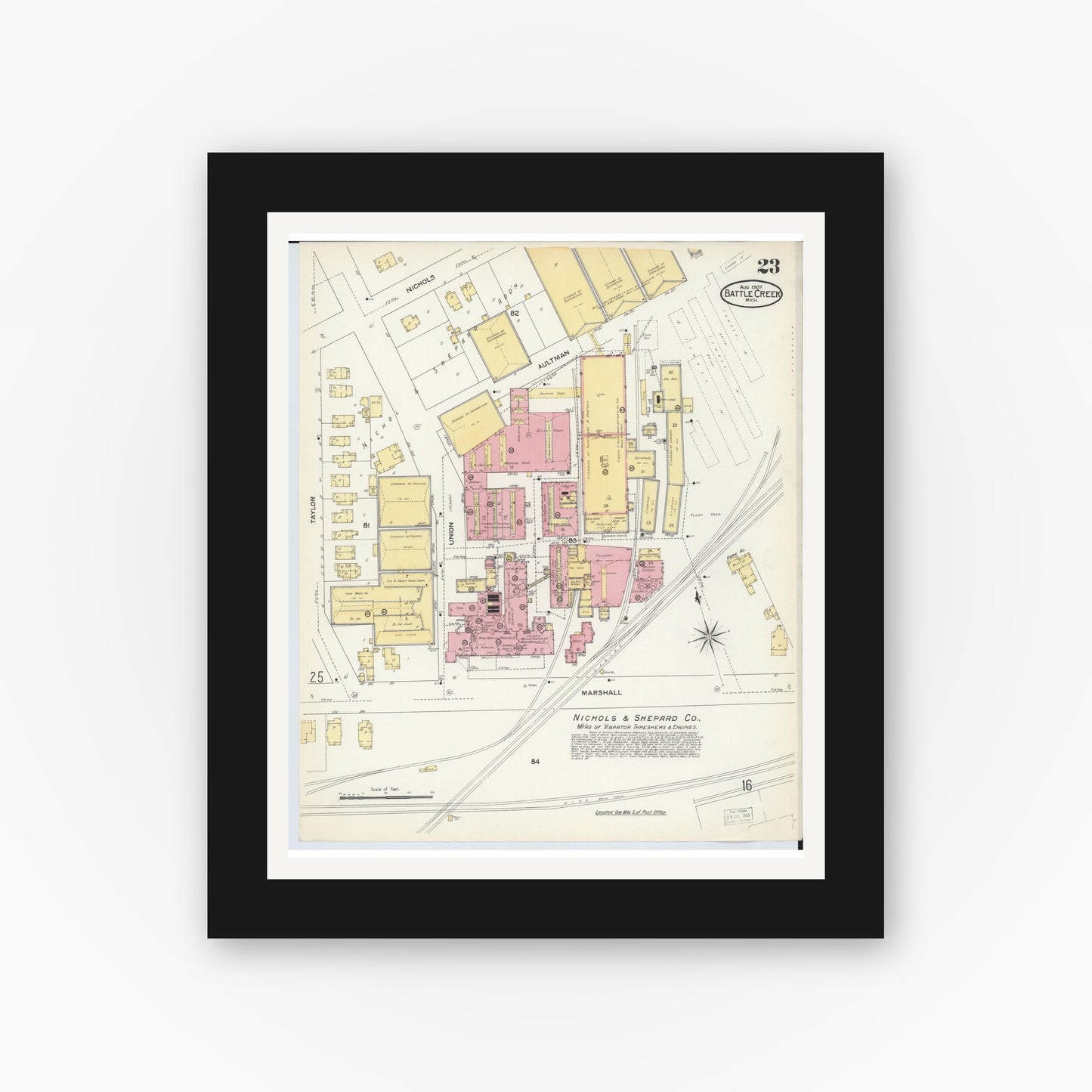 Old map wall art mockup — black gallery frame with white mat — Sanborn Fire Insurance Map from Battle Creek, Calhoun County, Michigan (1907), Sheet #0023