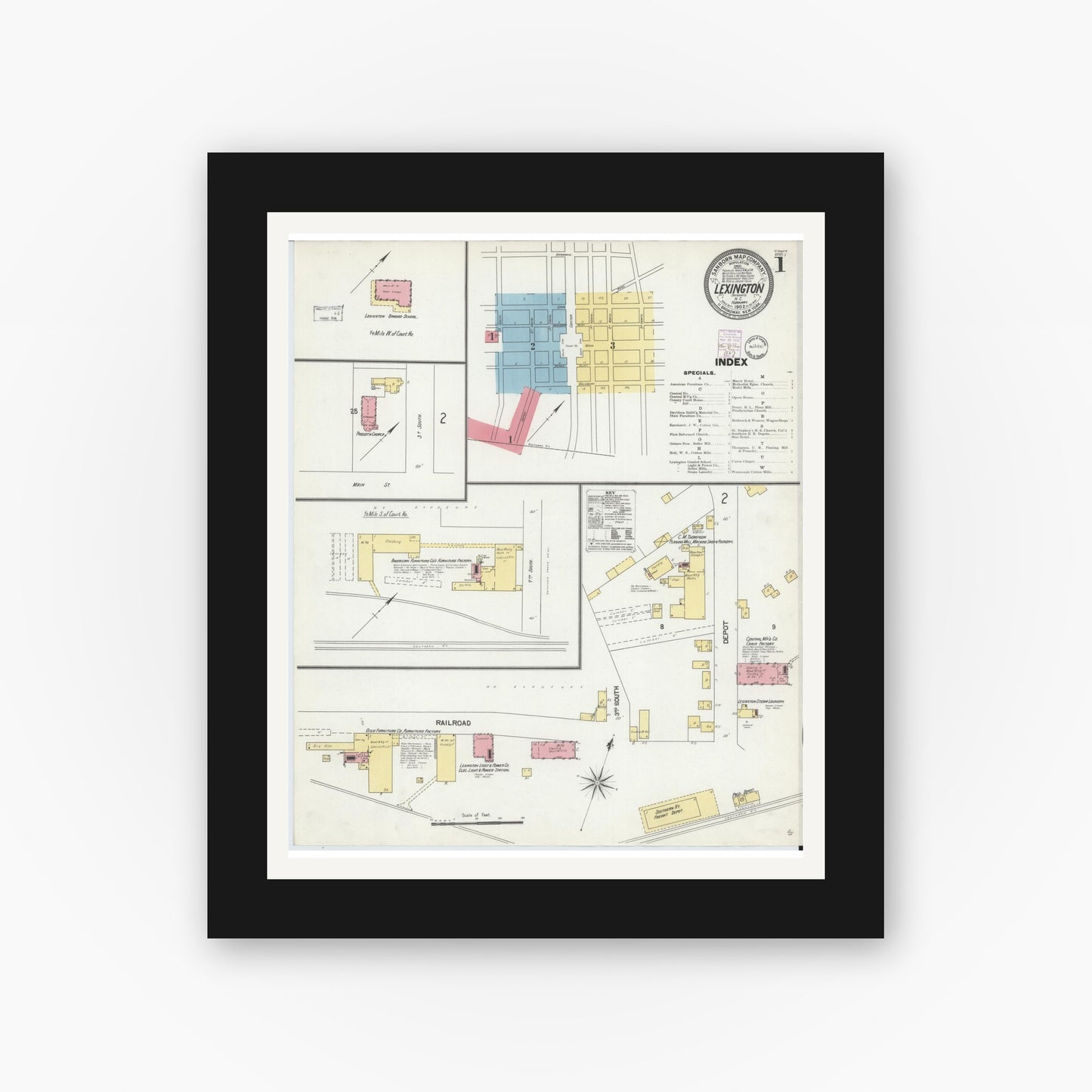 Old map wall art mockup — black gallery frame with white mat — Sanborn Fire Insurance Map from Lexington, Davidson County, North Carolina (1902) - Complete Map Set