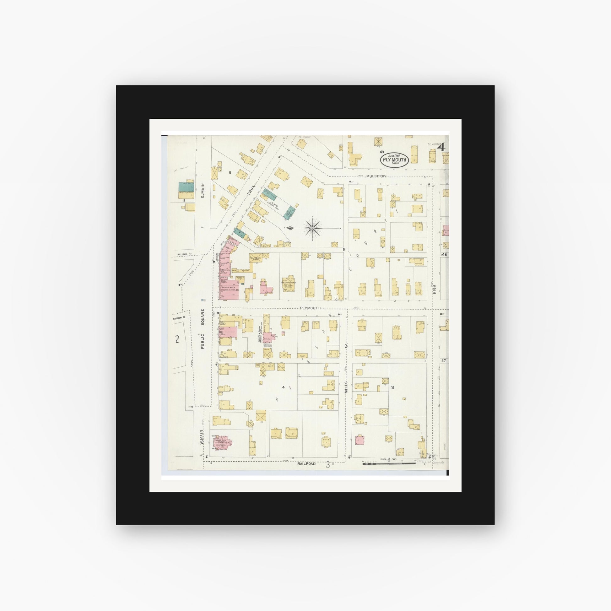 Old map wall art mockup — black gallery frame with white mat — Sanborn Fire Insurance Map from Plymouth, Huron And Richland Counties, Ohio (1904), Sheet #0004