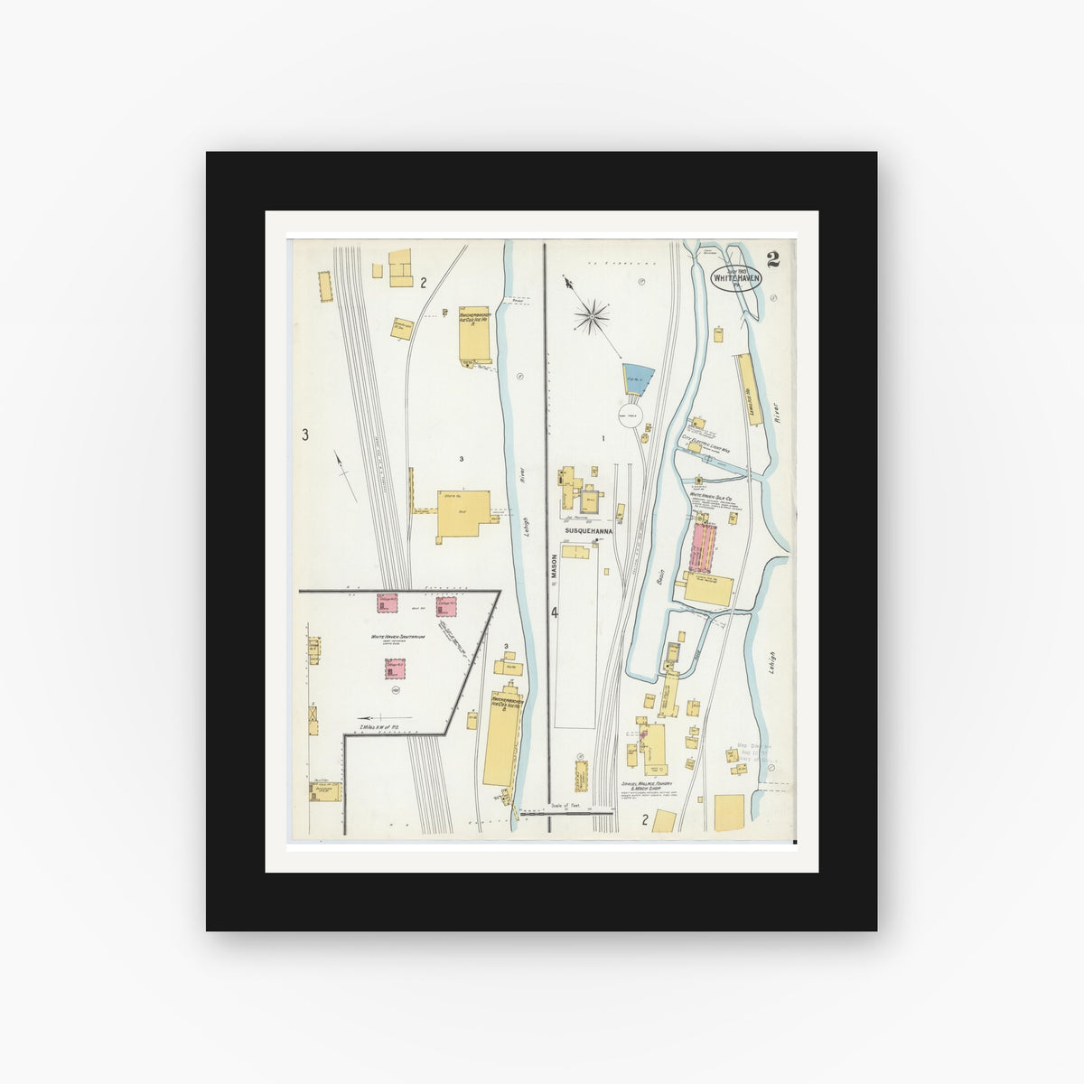 Old map wall art mockup — black gallery frame with white mat — Sanborn Fire Insurance Map from White Haven, Luzerne County, Pennsylvania (1903), Sheet #0002