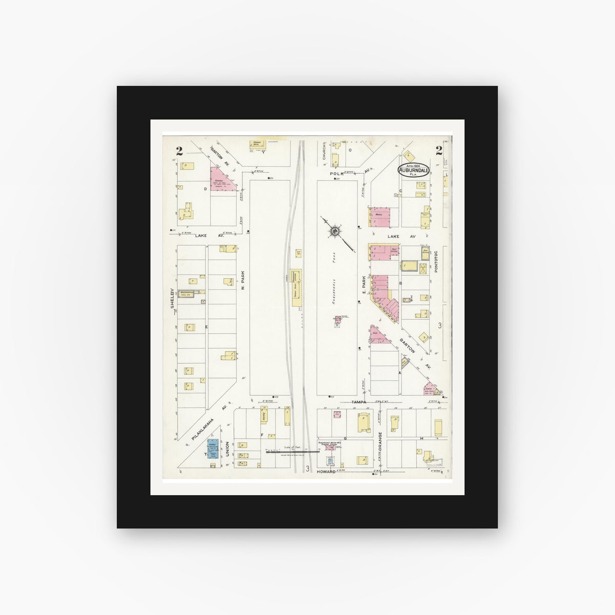 Old map wall art mockup — black gallery frame with white mat — Sanborn Fire Insurance Map from Auburndale, Polk County, Florida (1924) - Complete Map Set
