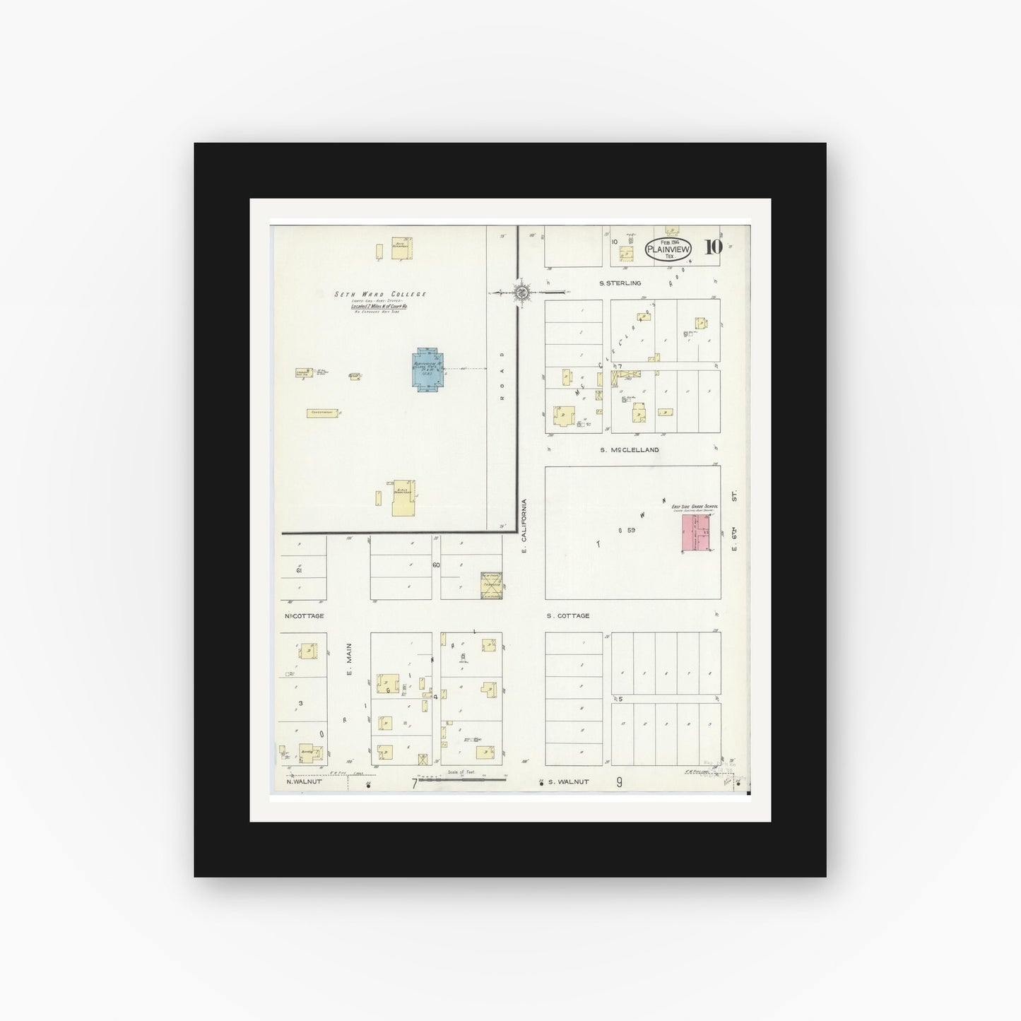 Old map wall art mockup — black gallery frame with white mat — Sanborn Fire Insurance Map from Plainview, Hale County, Texas (1914), Sheet #0010