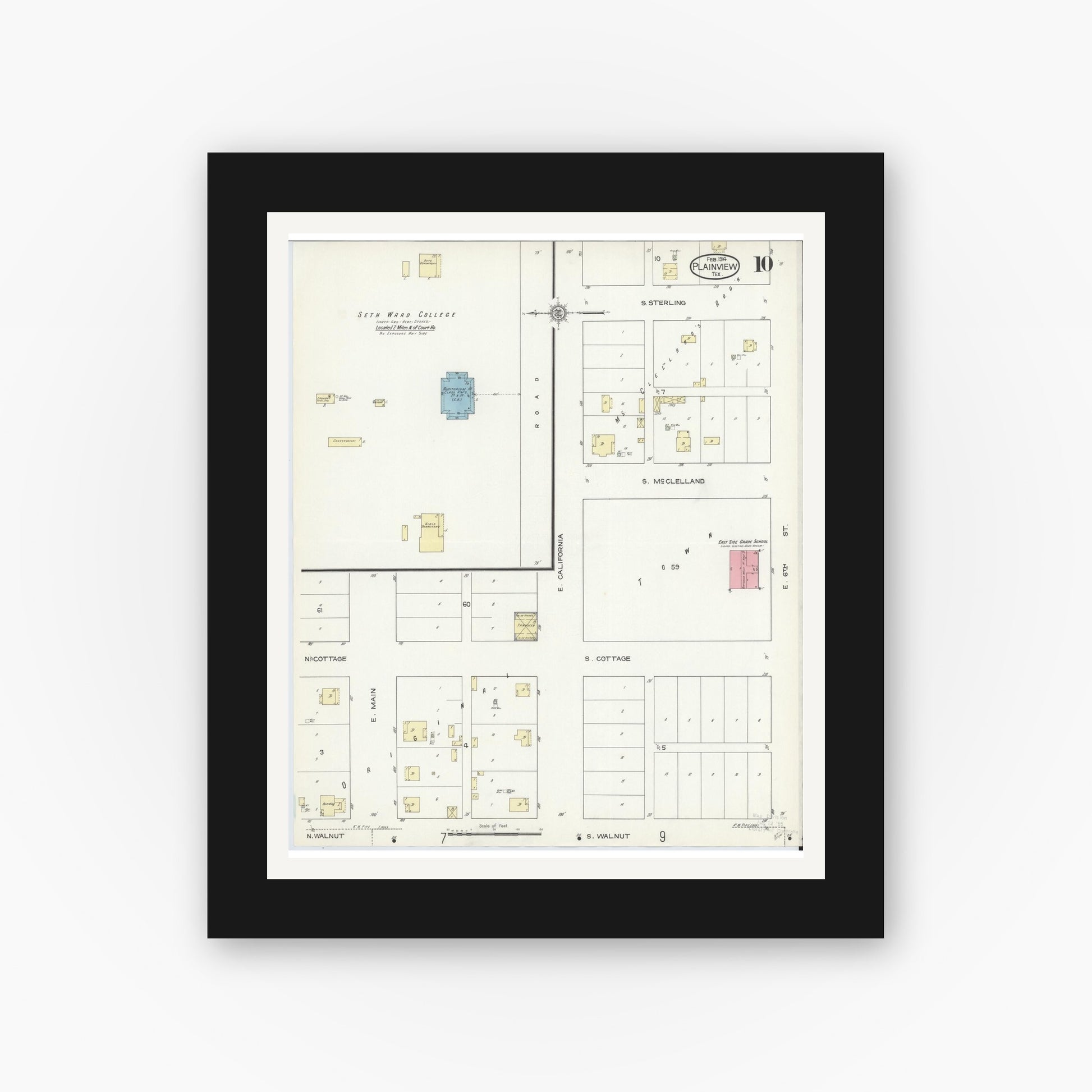 Old map wall art mockup — black gallery frame with white mat — Sanborn Fire Insurance Map from Plainview, Hale County, Texas (1914), Sheet #0010