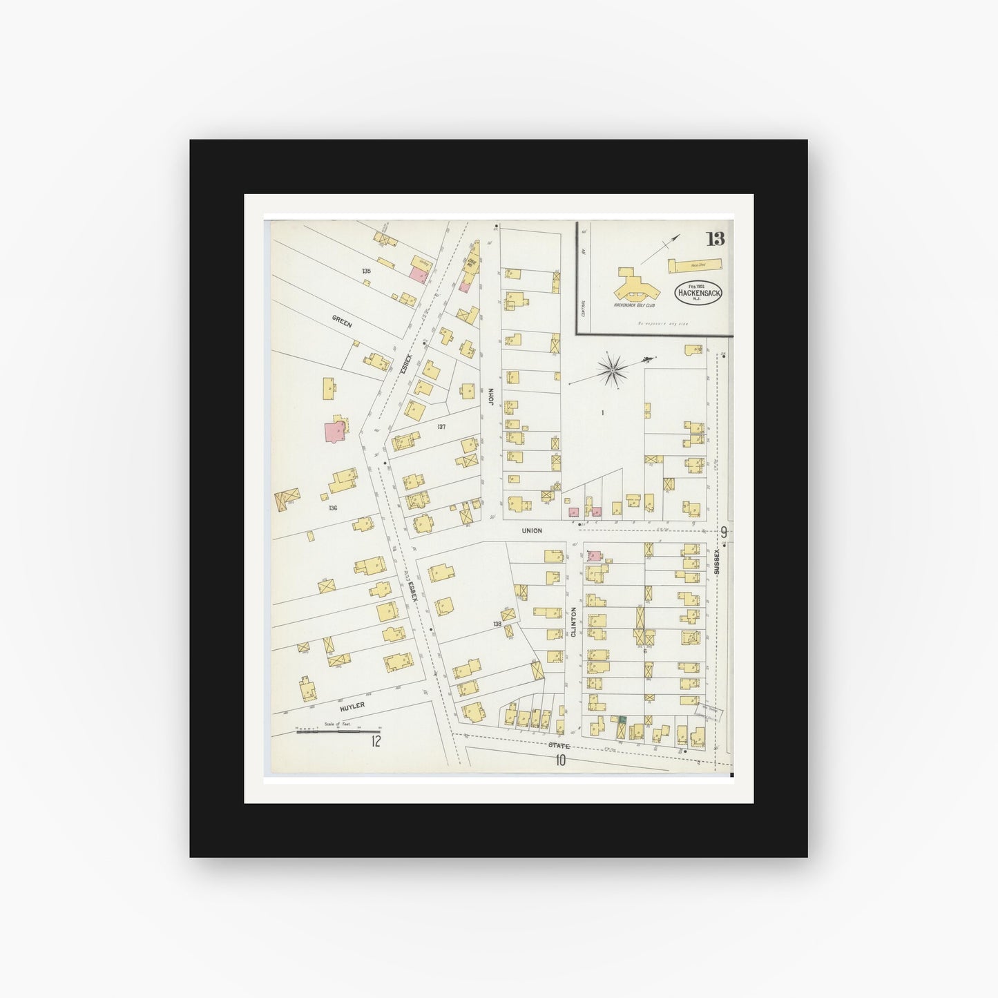 Old map wall art mockup — black gallery frame with white mat — Sanborn Fire Insurance Map from Hackensack, Bergen County, New Jersey (1902), Sheet #0013
