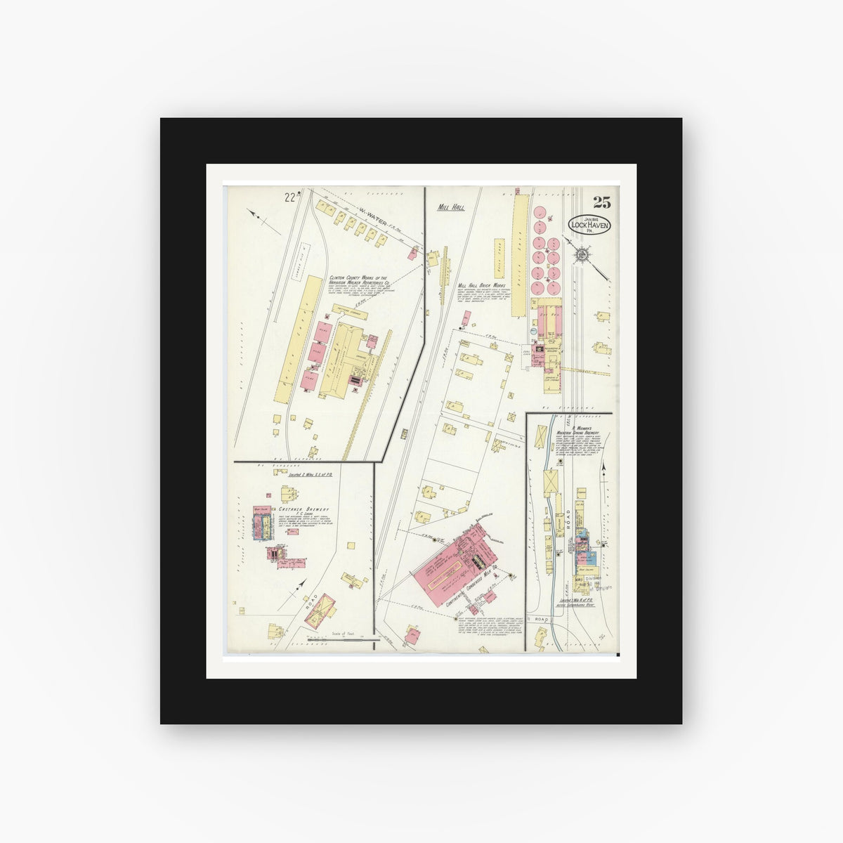 Old map wall art mockup — black gallery frame with white mat — Sanborn Fire Insurance Map from Lock Haven, Clinton County, Pennsylvania (1914), Sheet #0025