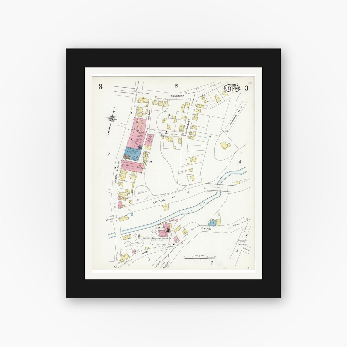 Old map wall art mockup — black gallery frame with white mat — Sanborn Fire Insurance Map from Ossining, Westchester County, New York (1924), Sheet #0003