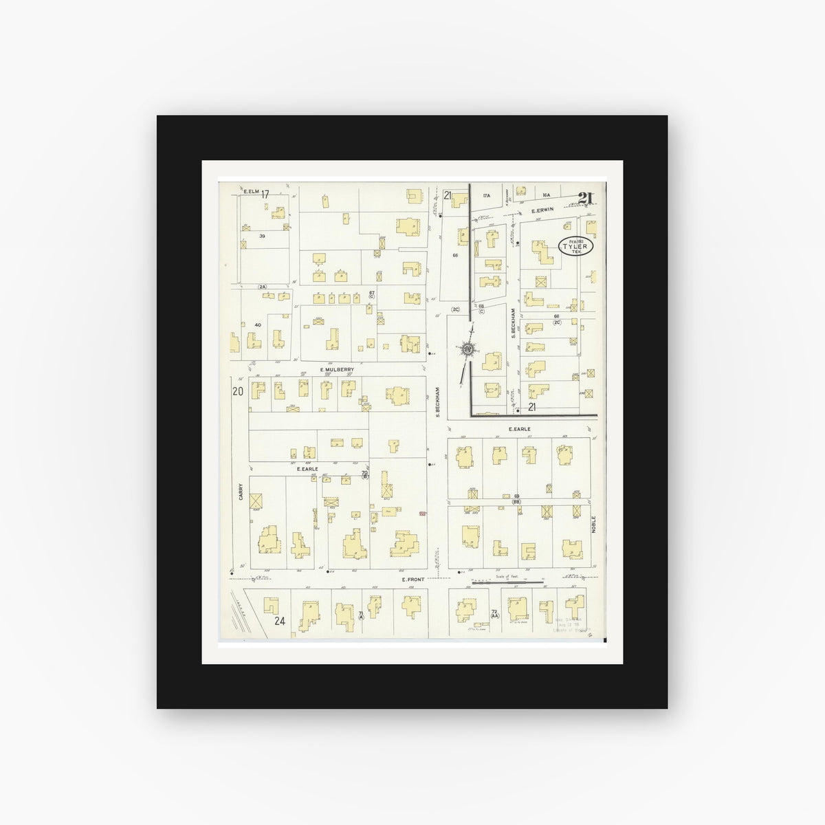 Old map wall art mockup — black gallery frame with white mat — Sanborn Fire Insurance Map from Tyler, Smith County, Texas (1912), Sheet #0021