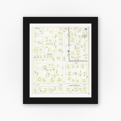 Old map wall art mockup — black gallery frame with white mat — Sanborn Fire Insurance Map from Tyler, Smith County, Texas (1912), Sheet #0021