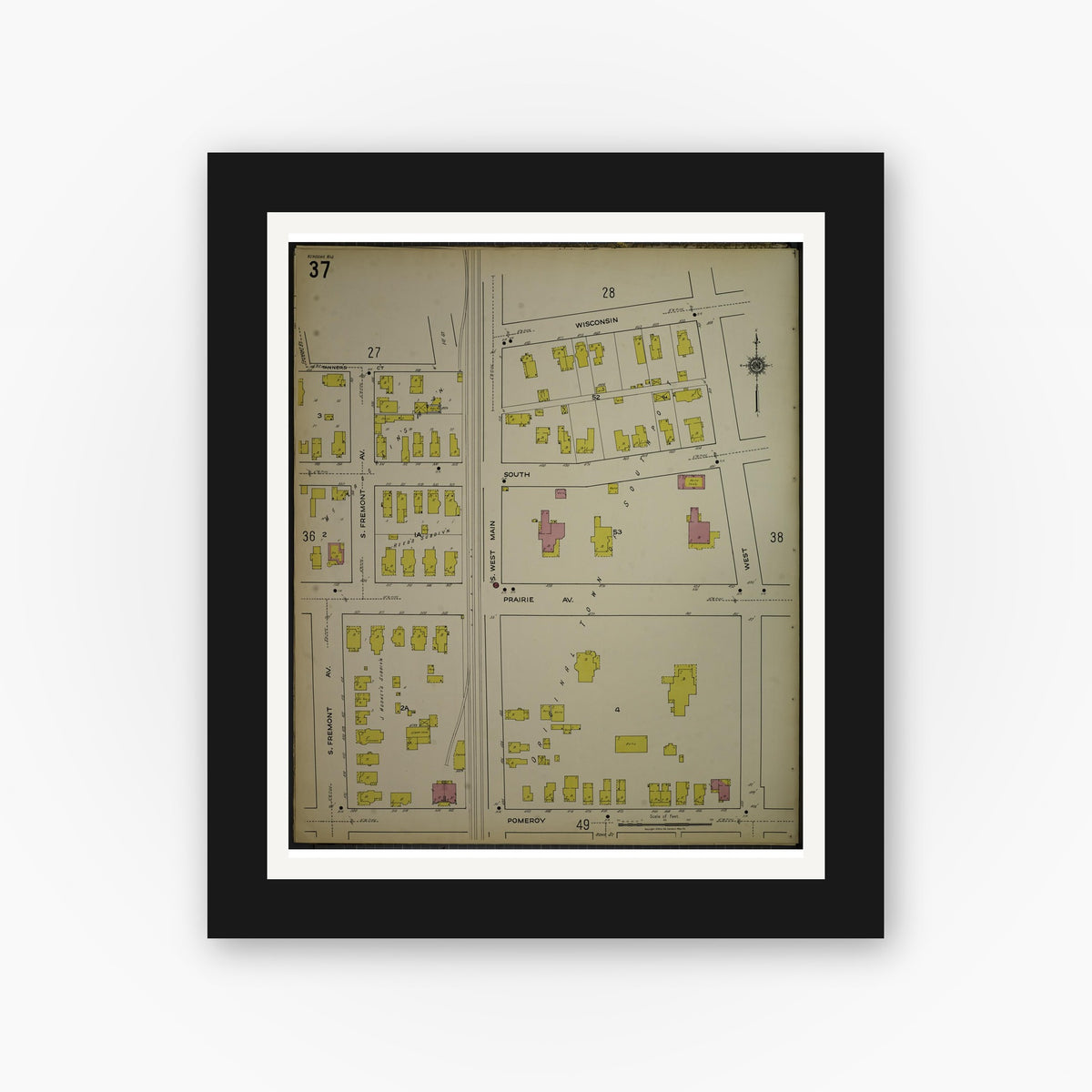 Old map wall art mockup — black gallery frame with white mat — Sanborn Fire Insurance Map from Kenosha, Kenosha County, Wisconsin. (1918), Sheet 41