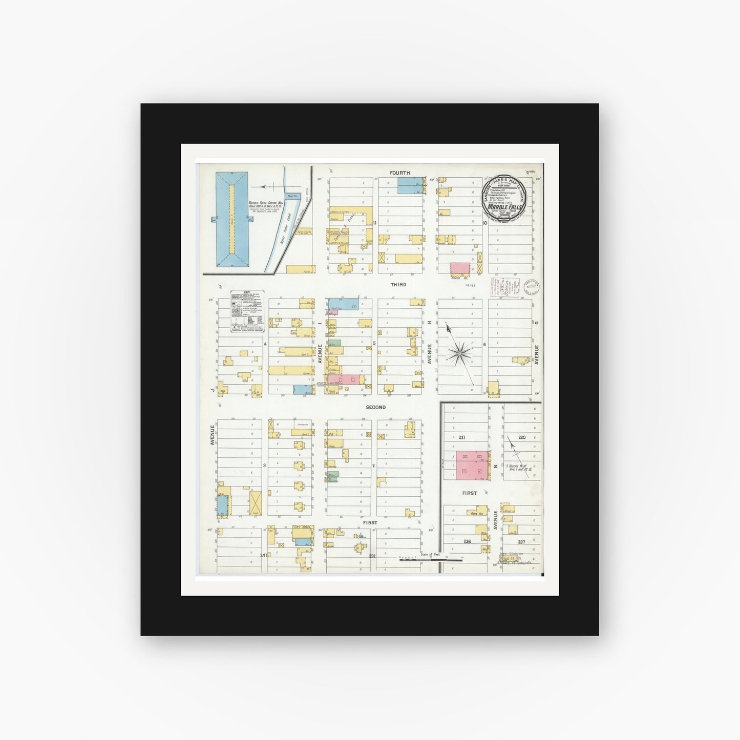 Old map wall art mockup — black gallery frame with white mat — Sanborn Fire Insurance Map from Marble Falls, Burnet County, Texas (1900), Sheet #0001