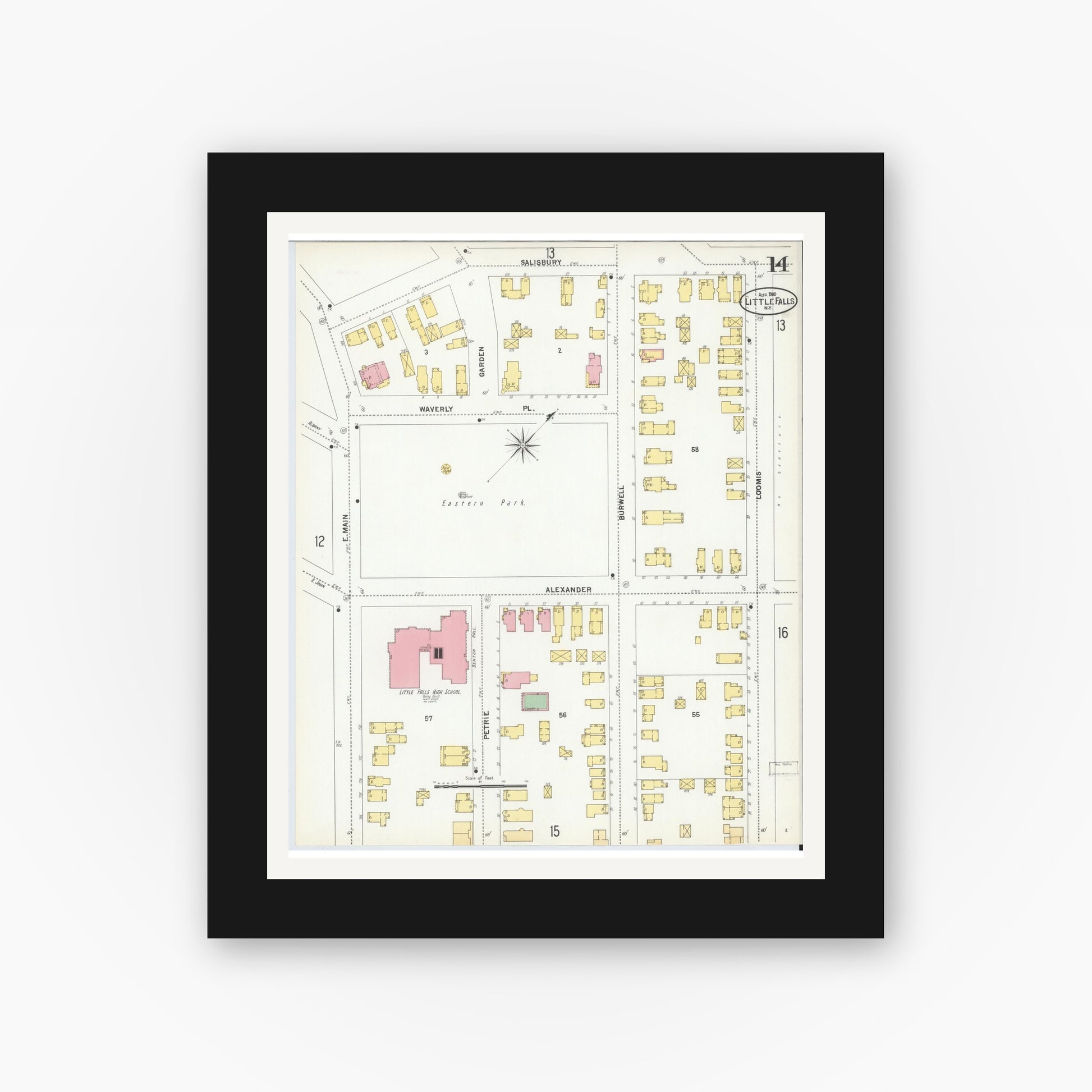 Old map wall art mockup — black gallery frame with white mat — Sanborn Fire Insurance Map from Little Falls, Herkimer County, New York (1900), Sheet #0014