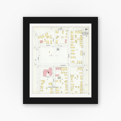 Old map wall art mockup — black gallery frame with white mat — Sanborn Fire Insurance Map from Little Falls, Herkimer County, New York (1900), Sheet #0014