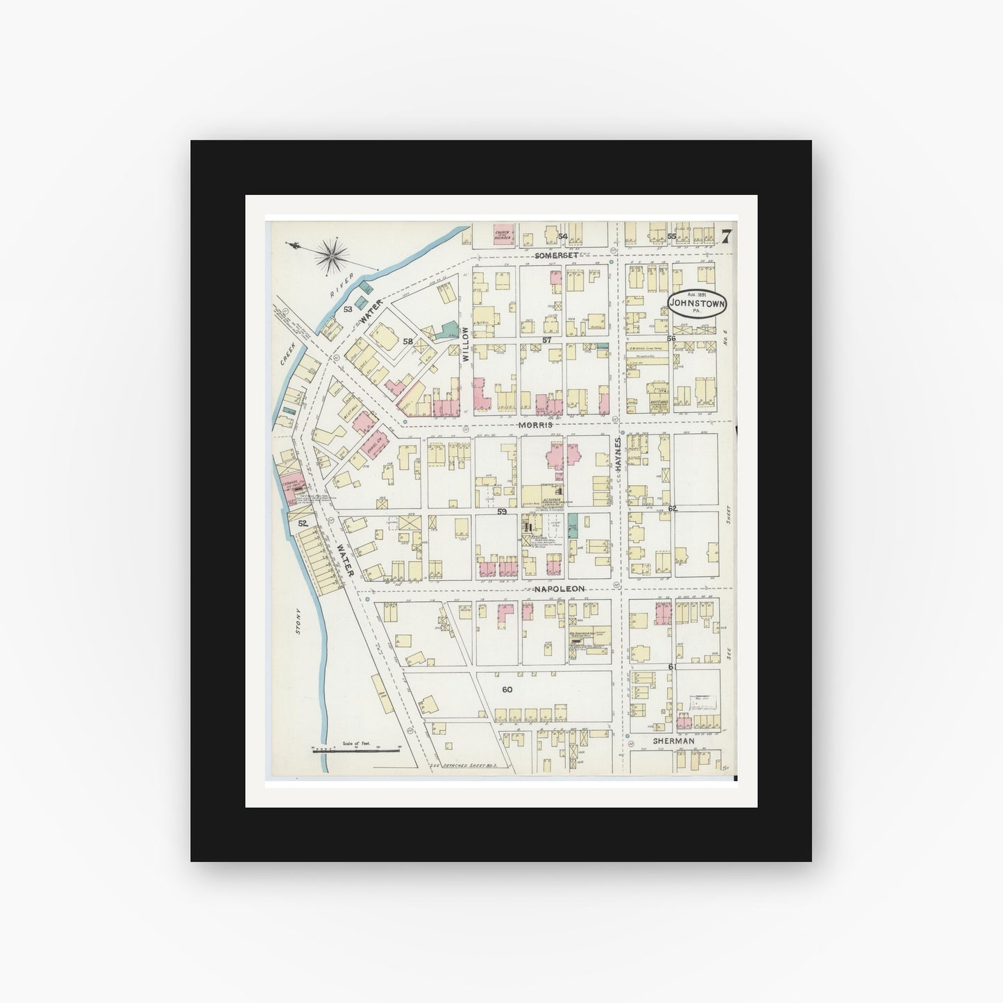 Old map wall art mockup — black gallery frame with white mat — Sanborn Fire Insurance Map from Johnstown, Cambria County, Pennsylvania (1891), Sheet #0007