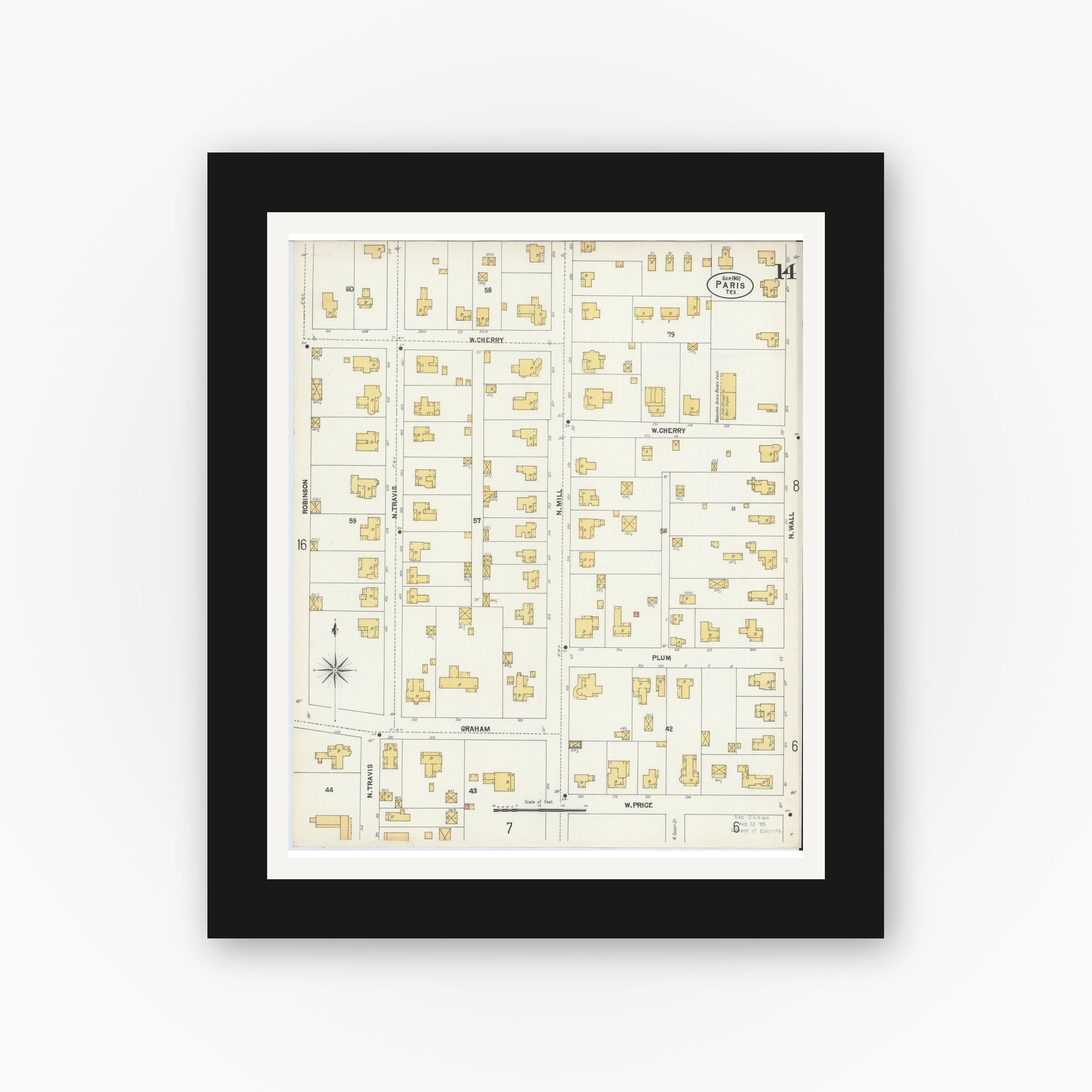 Old map wall art mockup — black gallery frame with white mat — Sanborn Fire Insurance Map from Paris, Lamar County, Texas (1902), Sheet #0014