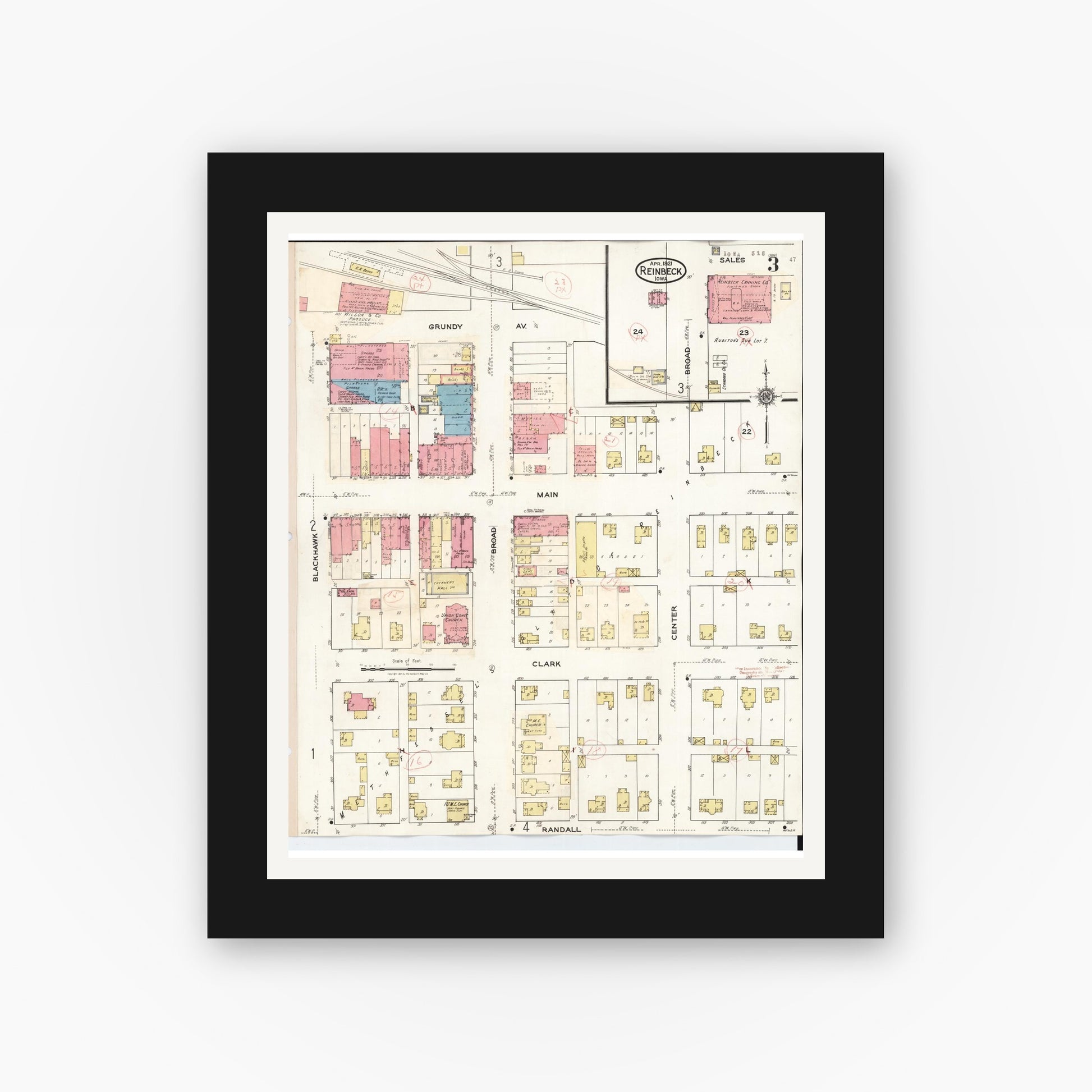 Old map wall art mockup — black gallery frame with white mat — Sanborn Fire Insurance Map from Reinbeck, Grundy County, Iowa (1935), Sheet #0003