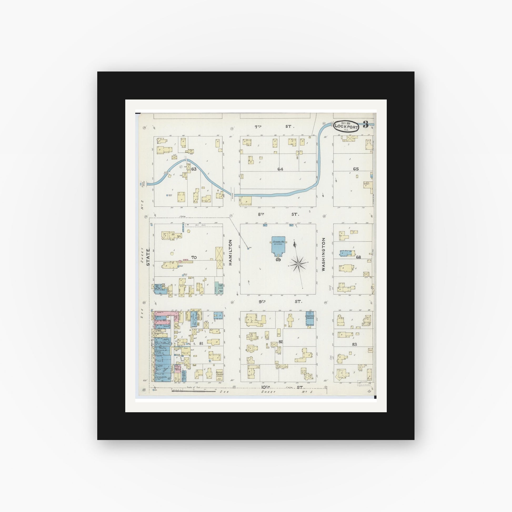 Old map wall art mockup — black gallery frame with white mat — Sanborn Fire Insurance Map from Lockport, Will County, Illinois (1891), Sheet #0003