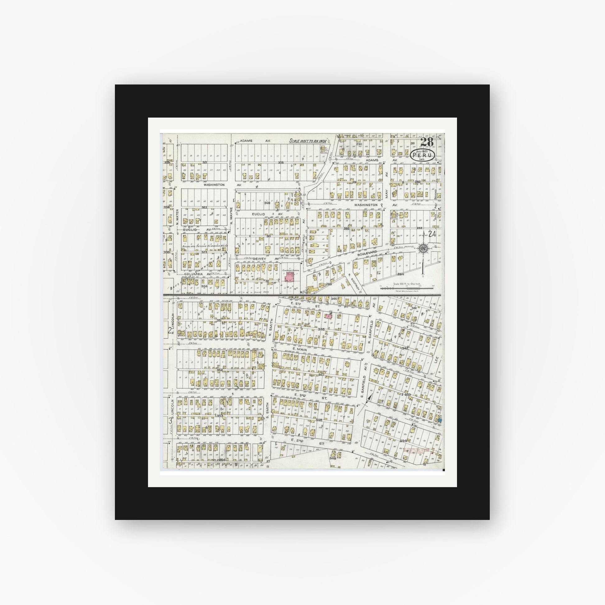 Old map wall art mockup — black gallery frame with white mat — Sanborn Fire Insurance Map from Peru, Miami County, Indiana (1920), Sheet #0028