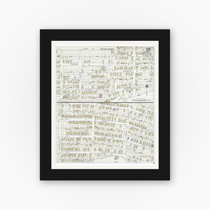 Old map wall art mockup — black gallery frame with white mat — Sanborn Fire Insurance Map from Peru, Miami County, Indiana (1920), Sheet #0028