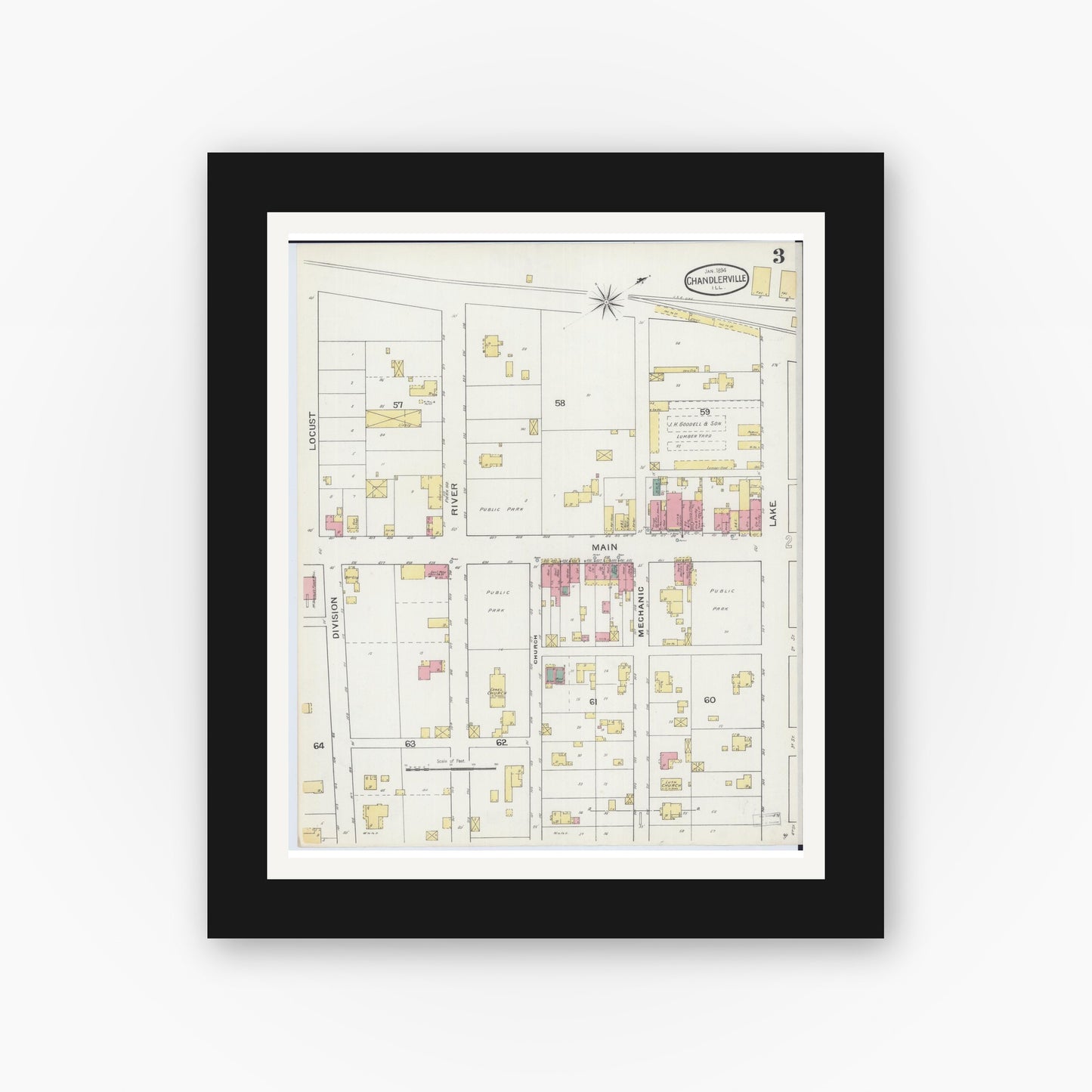 Old map wall art mockup — black gallery frame with white mat — Sanborn Fire Insurance Map from Chandlerville, Cass County, Illinois (1894), Sheet #0003